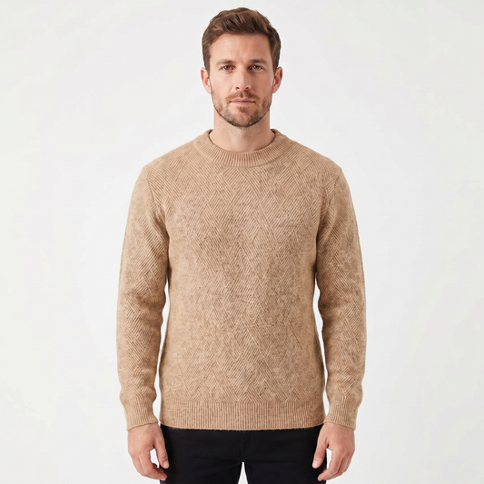 Men's Crew Neck Sweater – Diamond Jacquard Knit Fitted Rib Hem