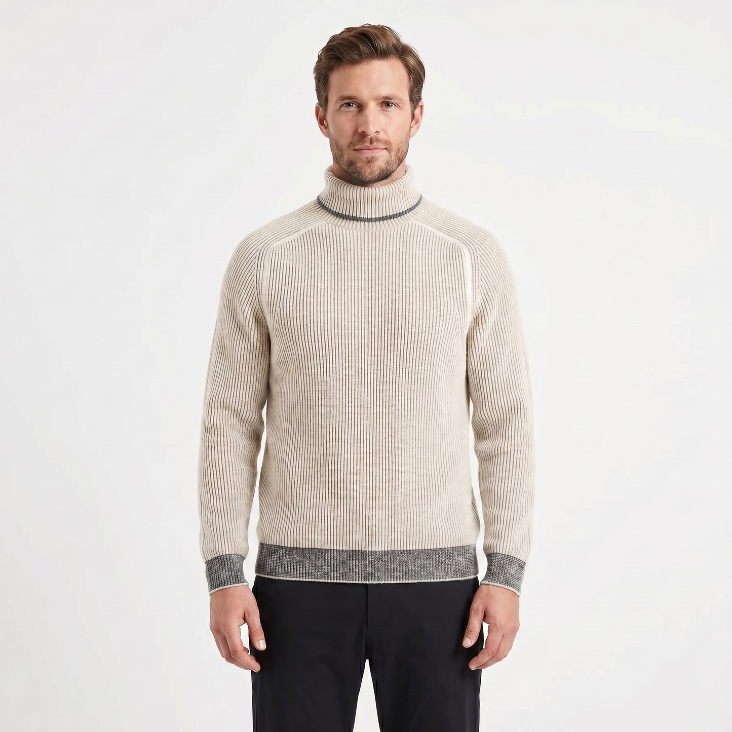 Mens Turtleneck Sweater – Ribbed Knit Contrast Trim