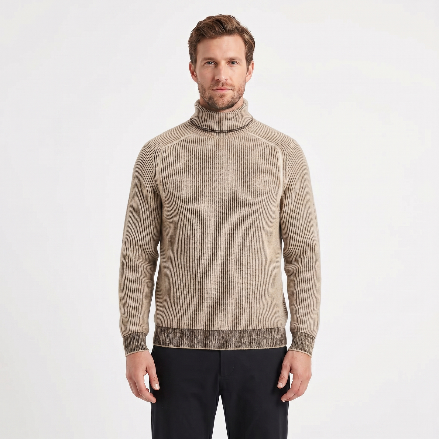 Mens Turtleneck Sweater – Ribbed Knit Contrast Trim