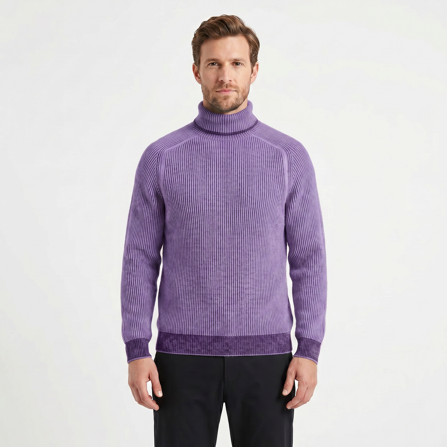 Mens Turtleneck Sweater – Ribbed Knit Contrast Trim