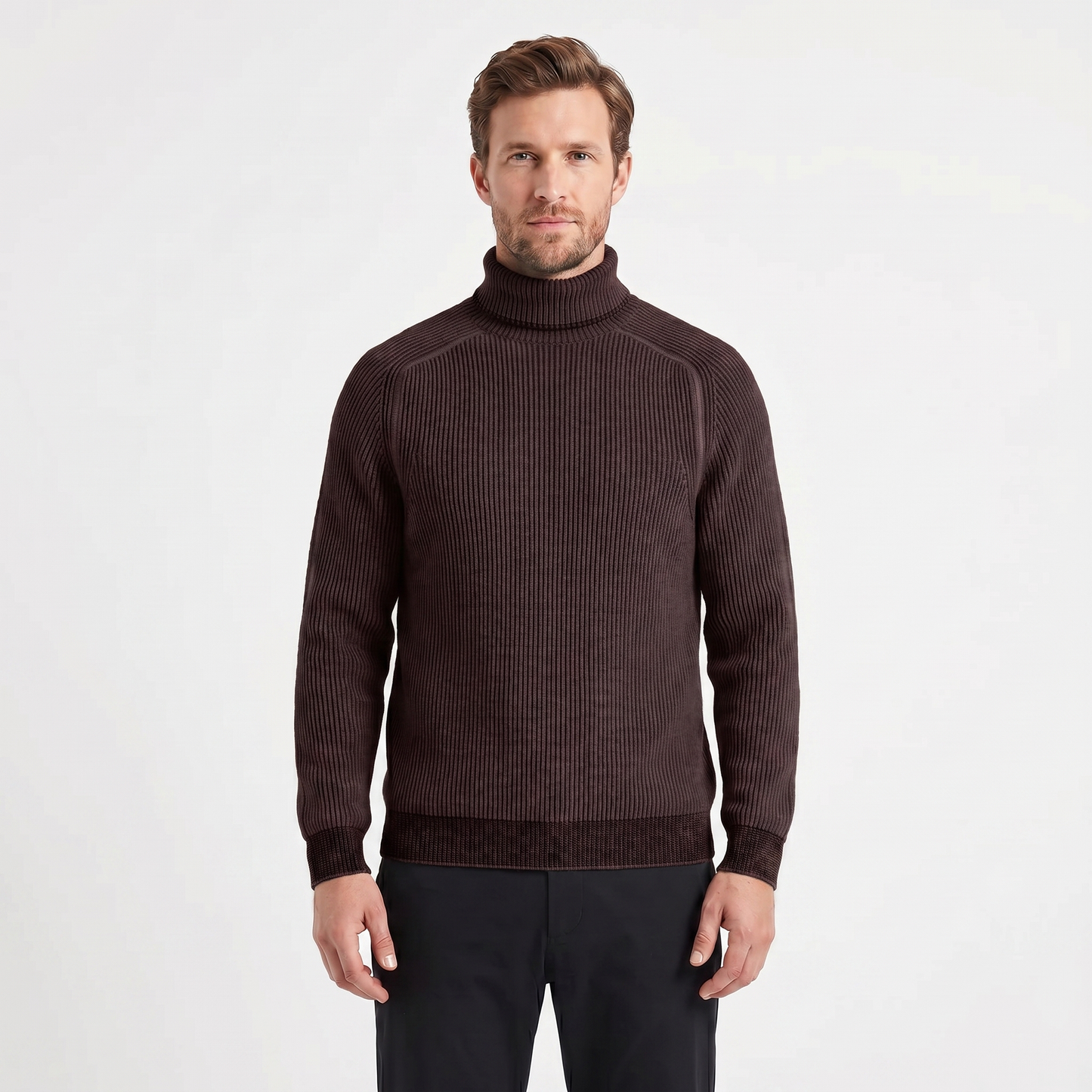 Mens Turtleneck Sweater – Ribbed Knit Contrast Trim