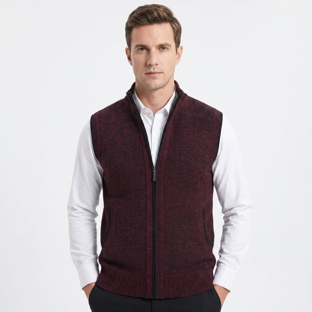 Men's Knit Zip Vest – Full-Zip Stand Collar Textured Knit