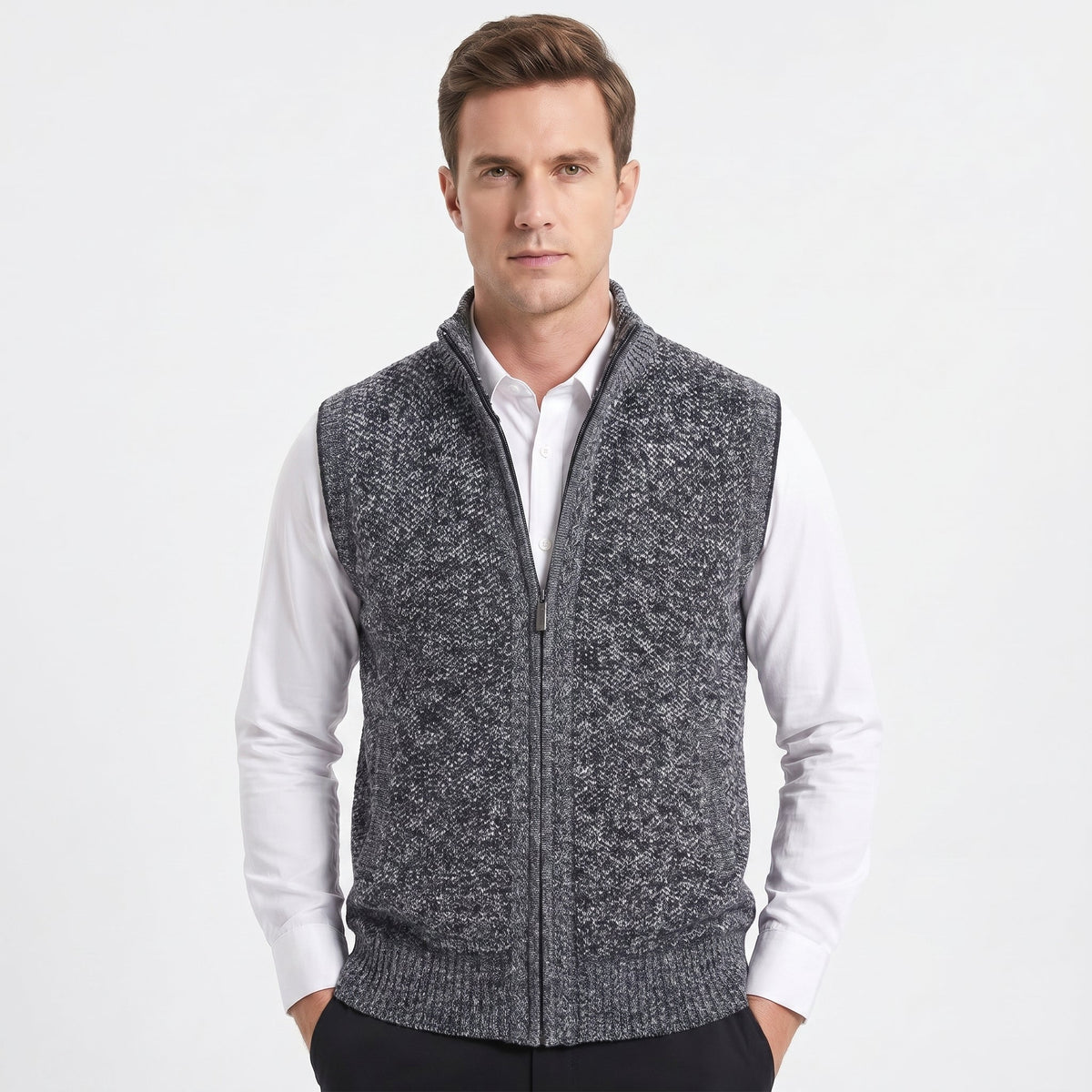 Men's Knit Zip Vest – Full-Zip Stand Collar Textured Knit