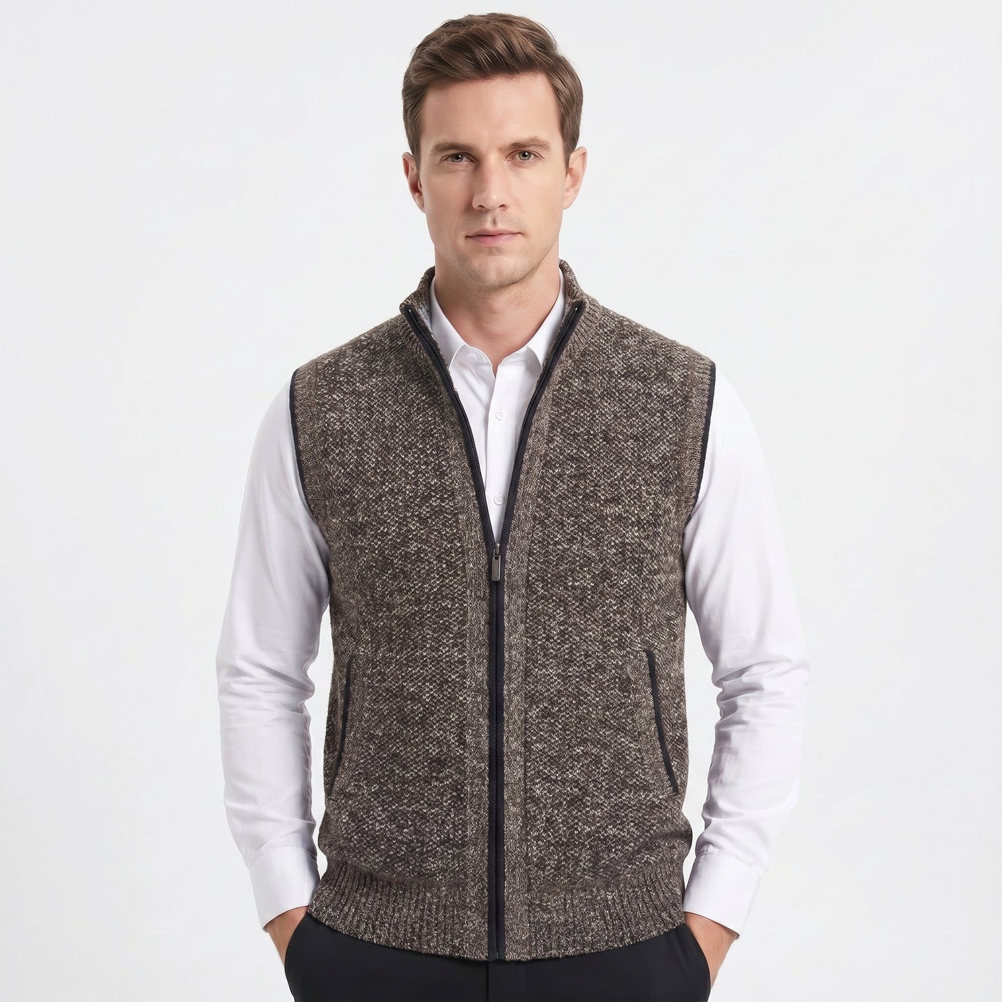 Men's Knit Zip Vest – Full-Zip Stand Collar Textured Knit