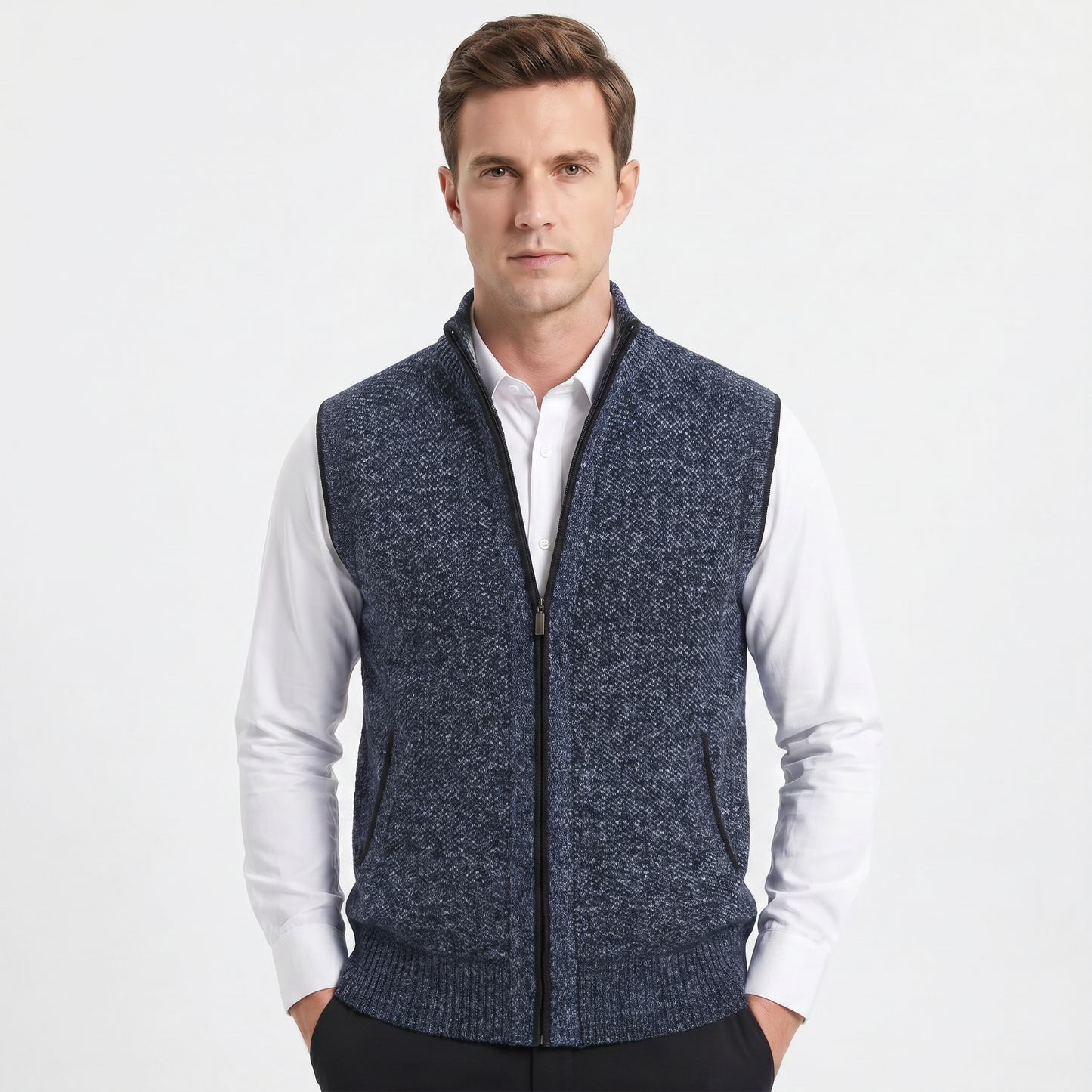 Men's Knit Zip Vest – Full-Zip Stand Collar Textured Knit