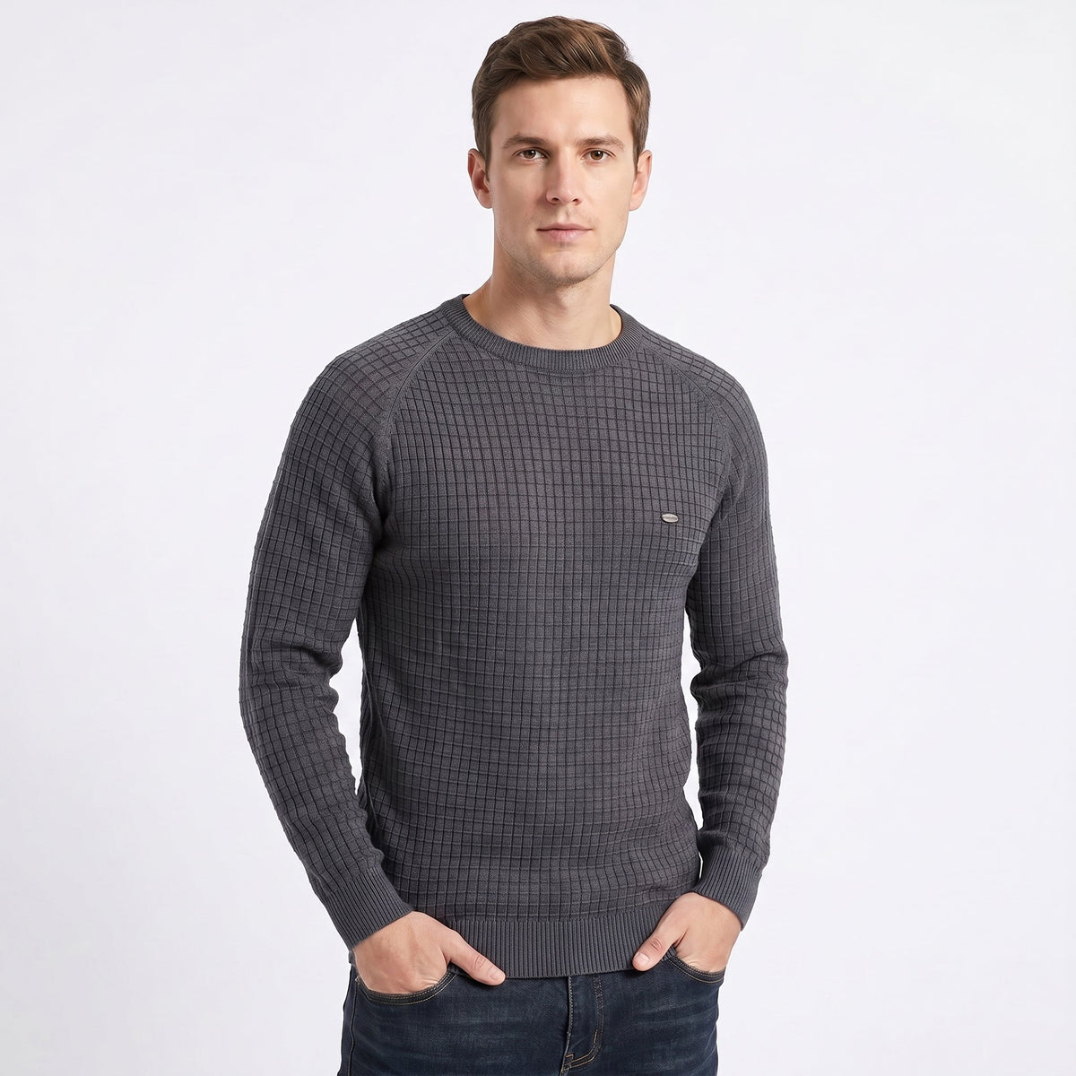 Men's Crew Neck Sweater – Waffle Knit Raglan Sleeve