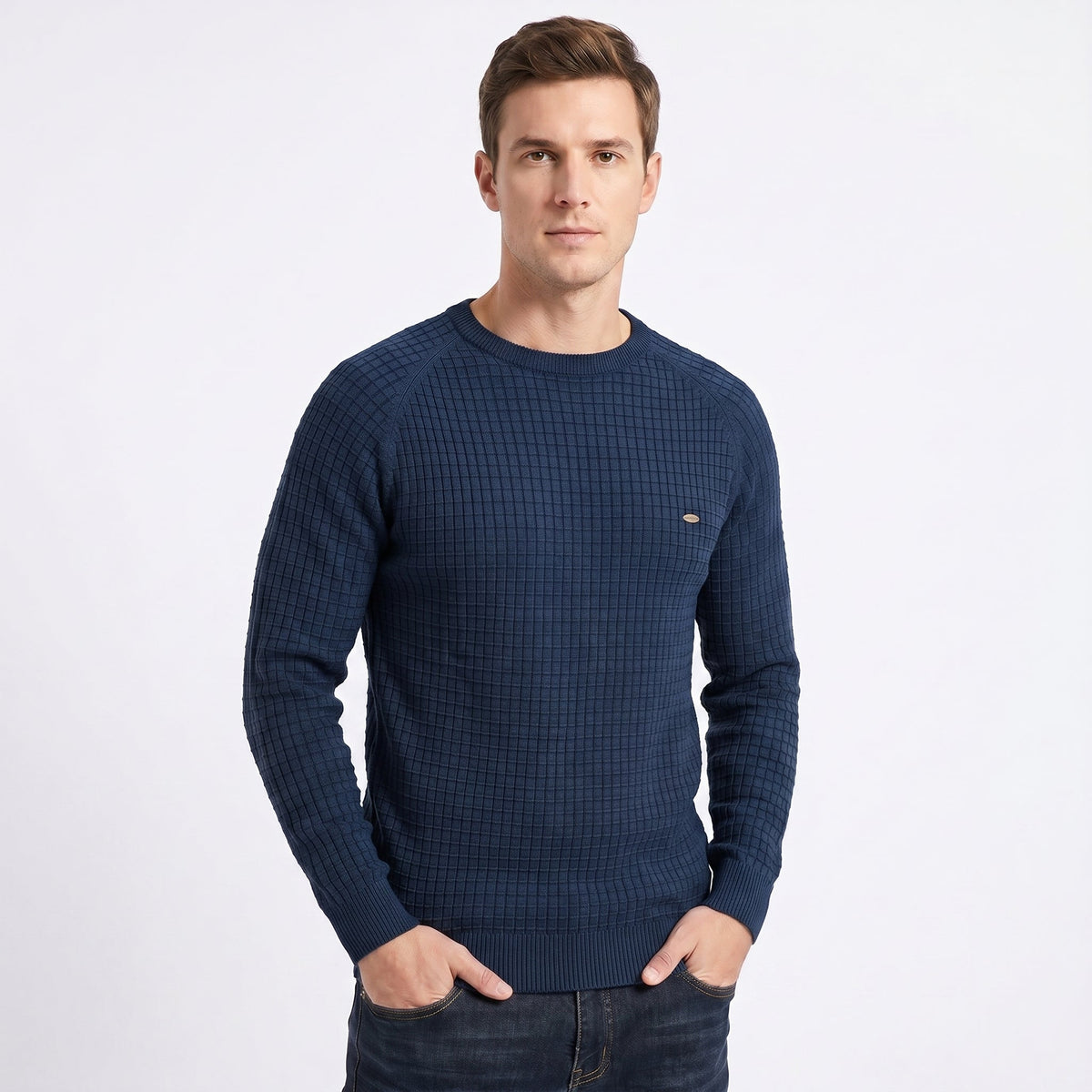 Men's Crew Neck Sweater – Waffle Knit Raglan Sleeve