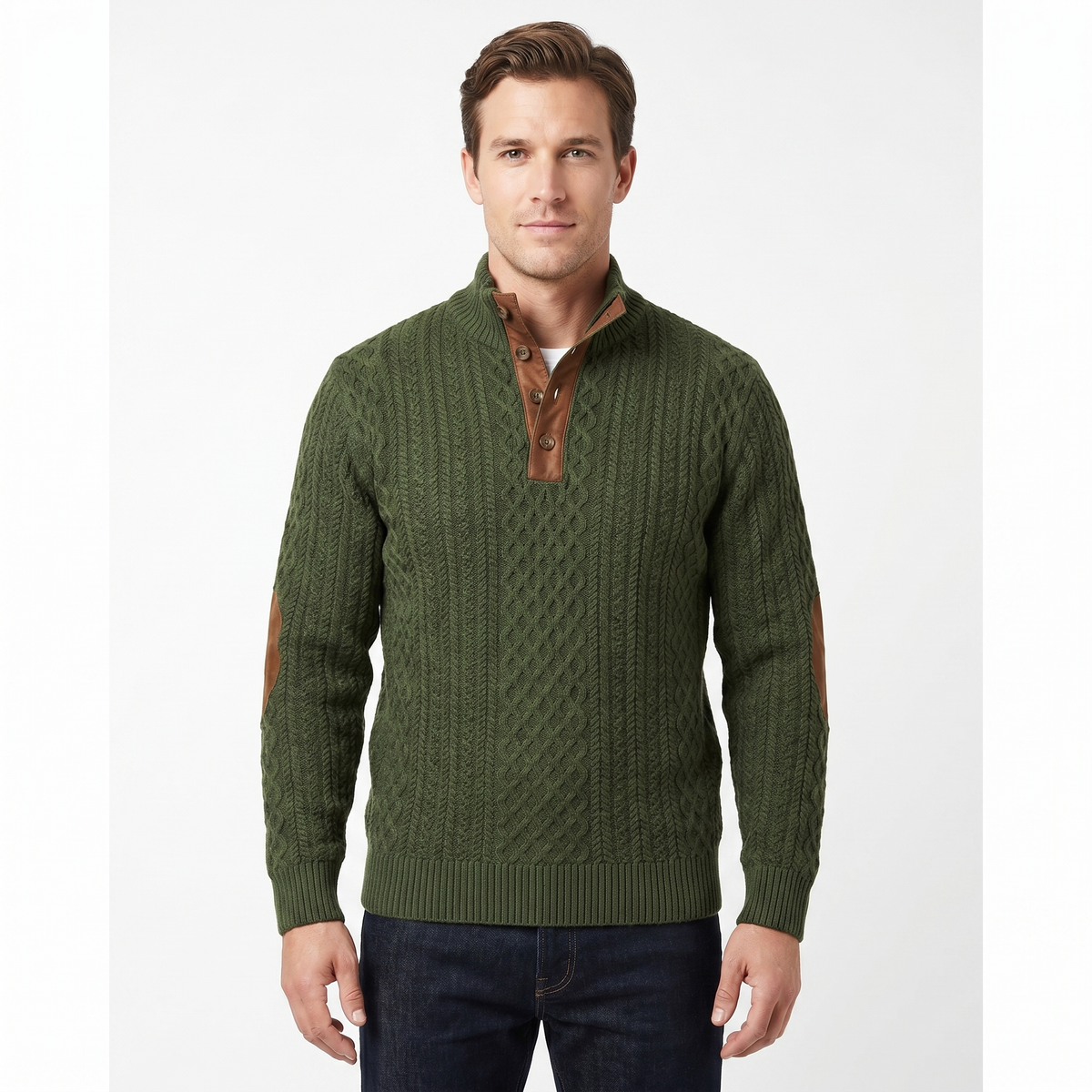 Men's Cable Knit Half Button Sweater Elbow Patch Pullover Chunky Knit