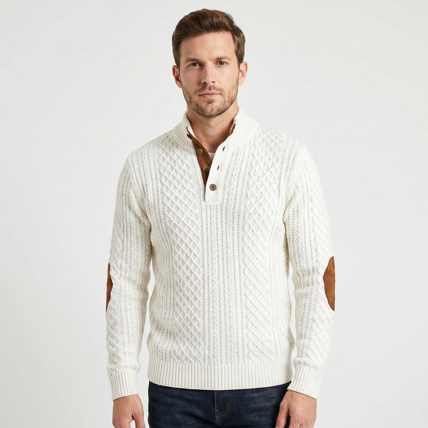 Men's Cable Knit Half Button Sweater Elbow Patch Pullover Chunky Knit
