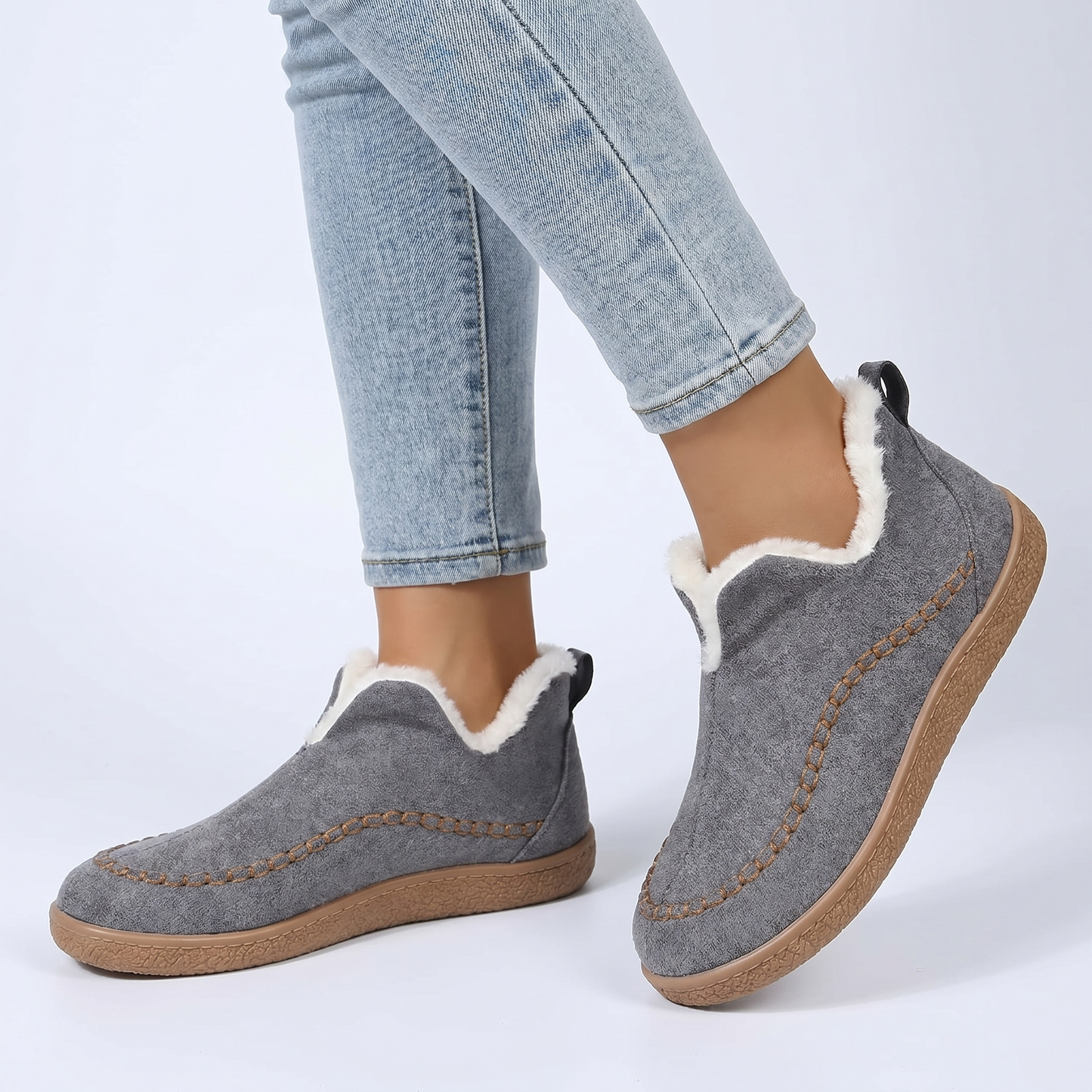Women's Orthopedic Faux Fur Lined Suede Slip-On Ankle Boots Moccasin Flat Winter Shoes