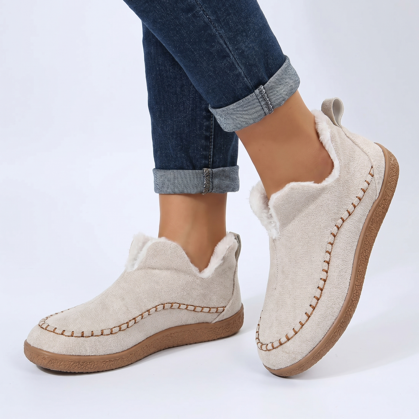Women's Orthopedic Faux Fur Lined Suede Slip-On Ankle Boots Moccasin Flat Winter Shoes