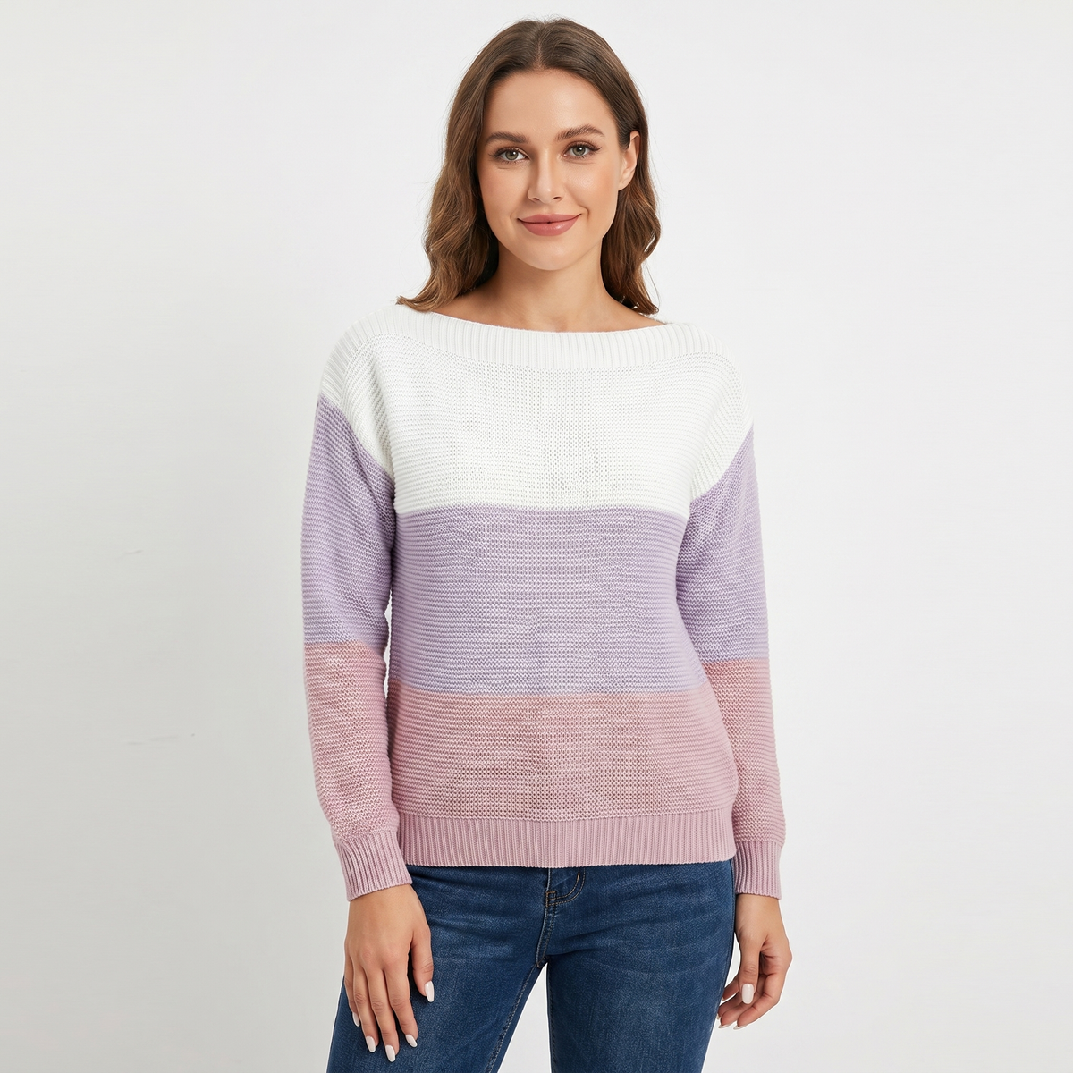 Women's Color Block Knit Sweater Boat Neck Long Sleeve Relaxed Fit Pullover