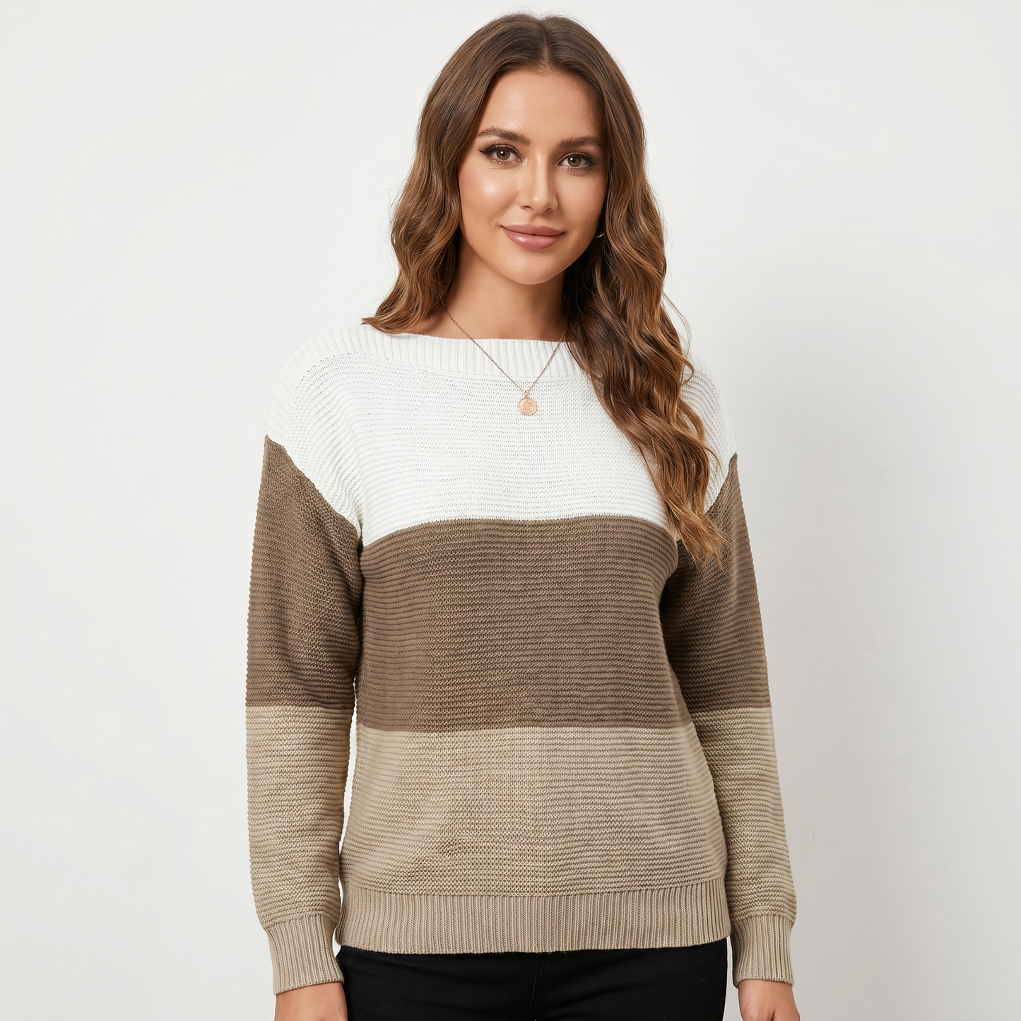 Women's Color Block Knit Sweater Boat Neck Long Sleeve Relaxed Fit Pullover