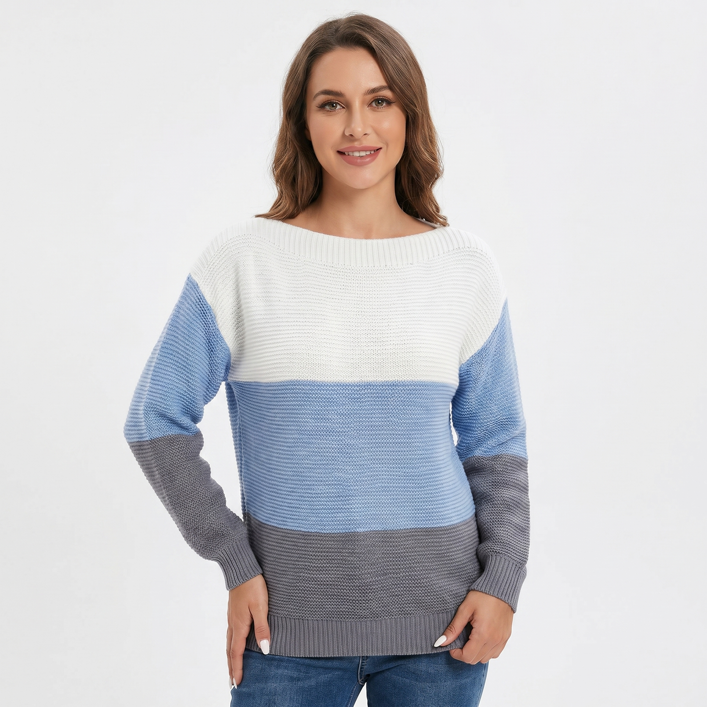 Women's Color Block Knit Sweater Boat Neck Long Sleeve Relaxed Fit Pullover