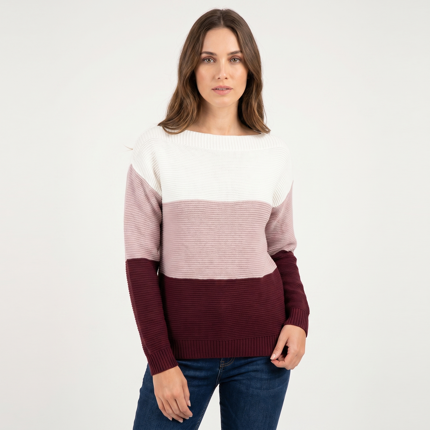 Women's Color Block Knit Sweater Boat Neck Long Sleeve Relaxed Fit Pullover