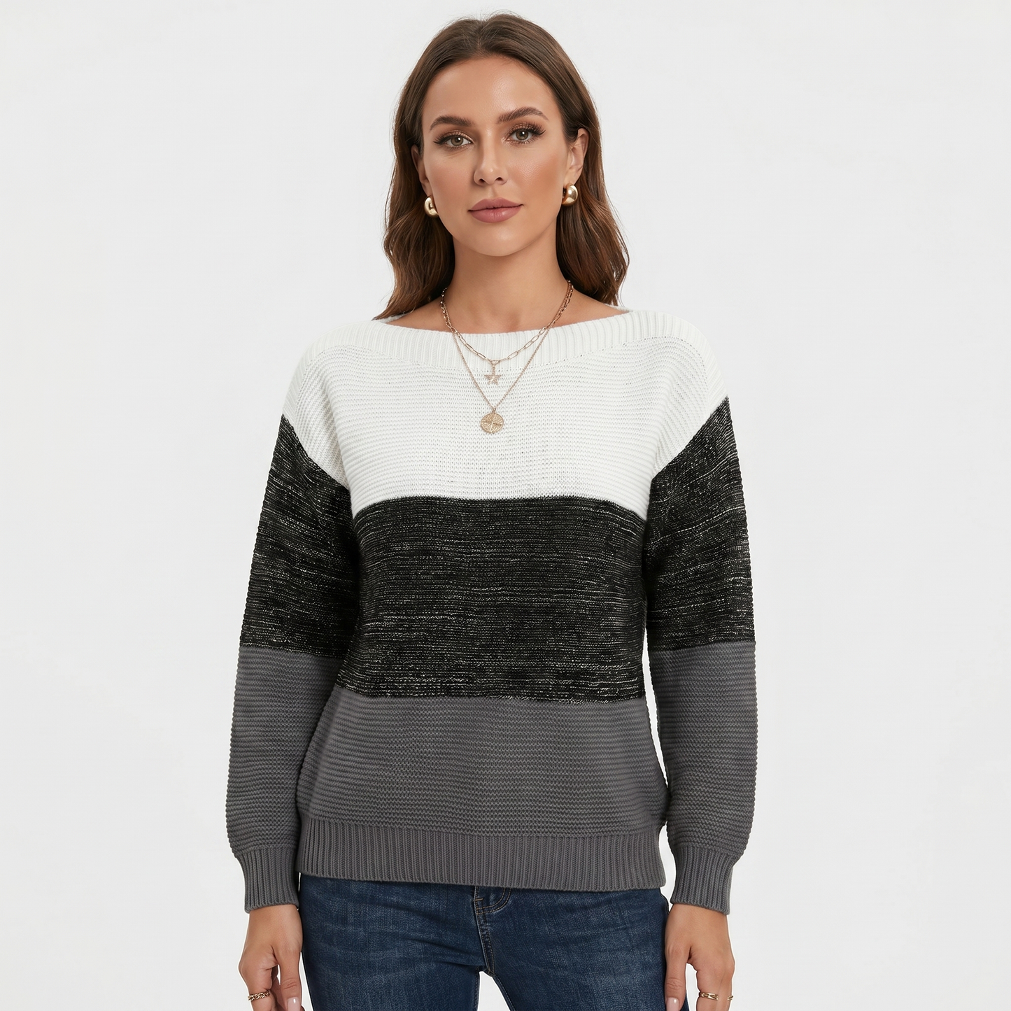 Women's Color Block Knit Sweater Boat Neck Long Sleeve Relaxed Fit Pullover