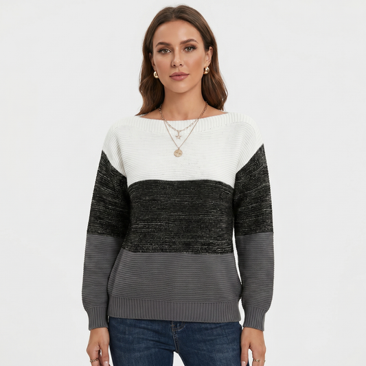 Women's Color Block Knit Sweater Boat Neck Long Sleeve Relaxed Fit Pullover