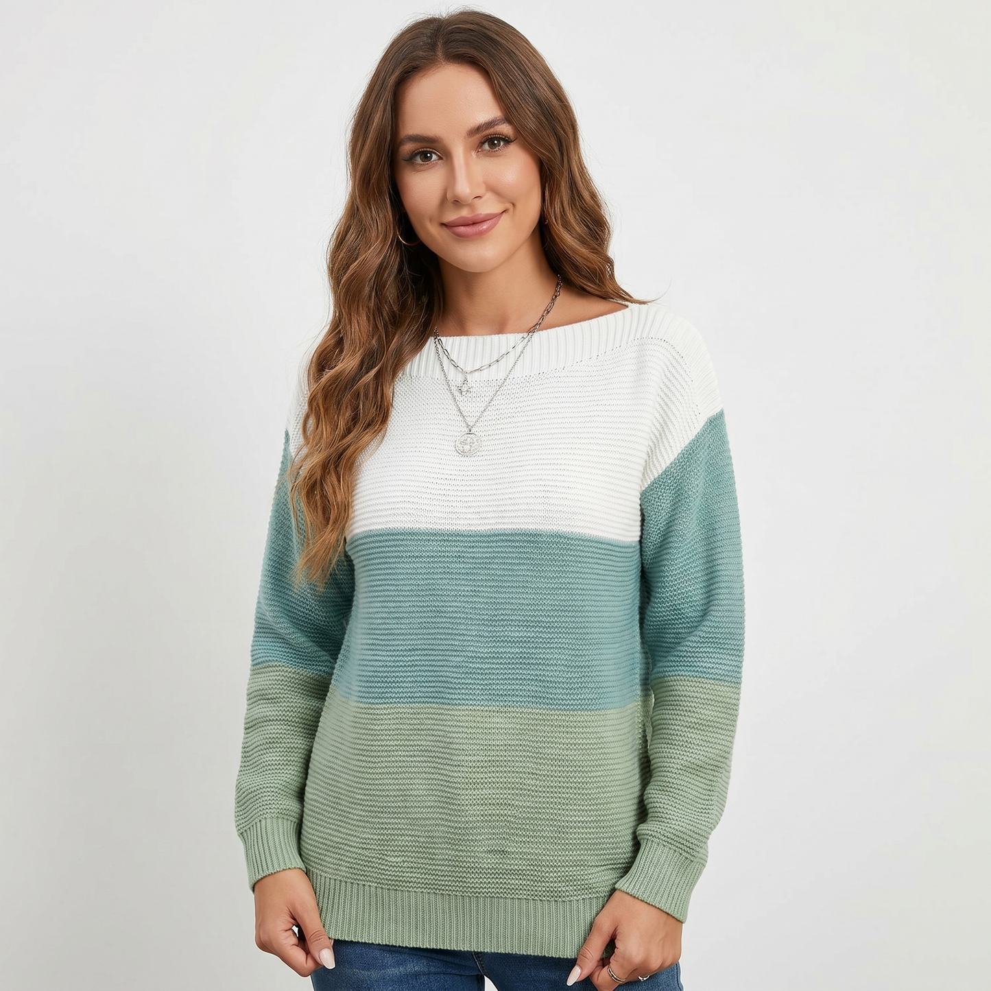 Women's Color Block Knit Sweater Boat Neck Long Sleeve Relaxed Fit Pullover