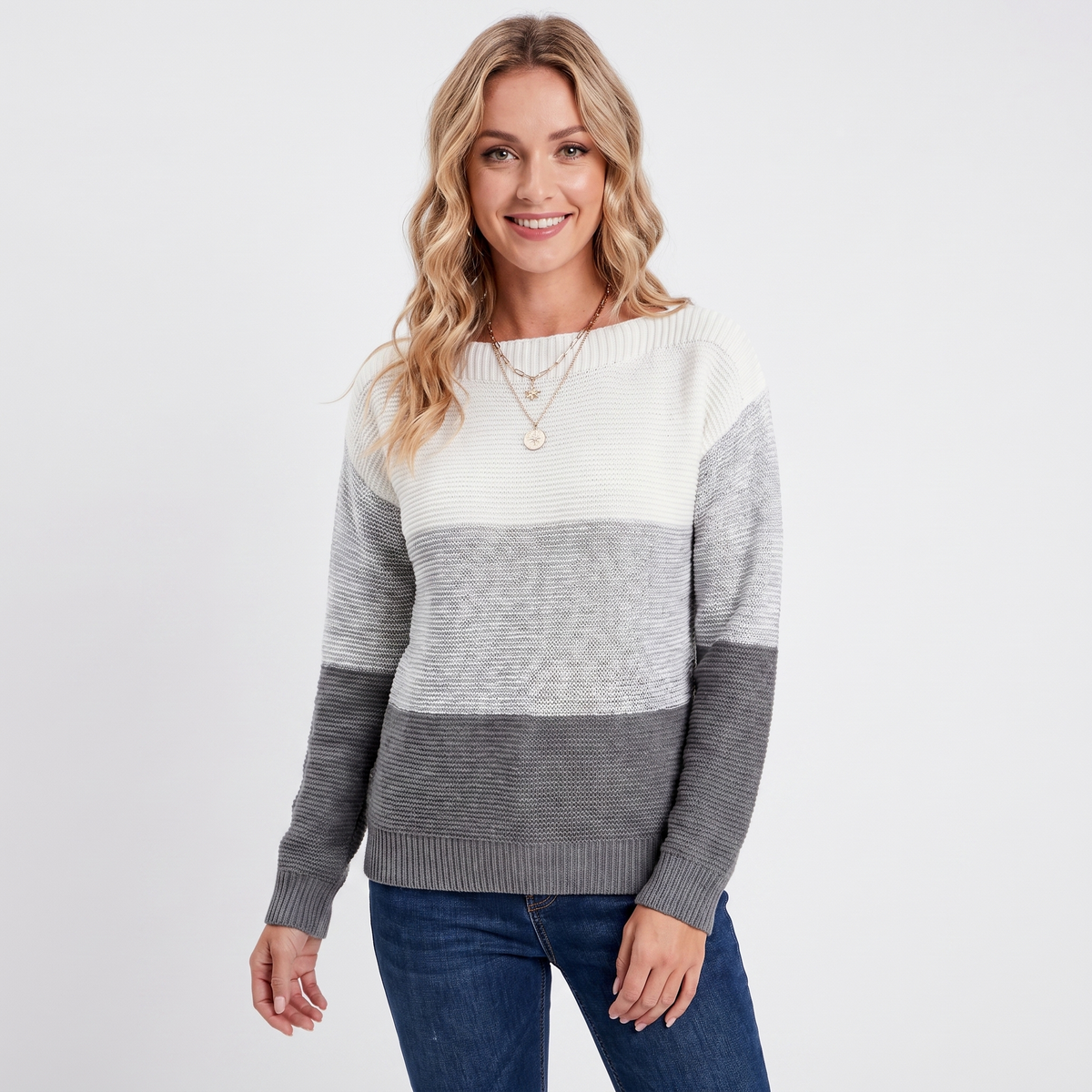Women's Color Block Knit Sweater Boat Neck Long Sleeve Relaxed Fit Pullover