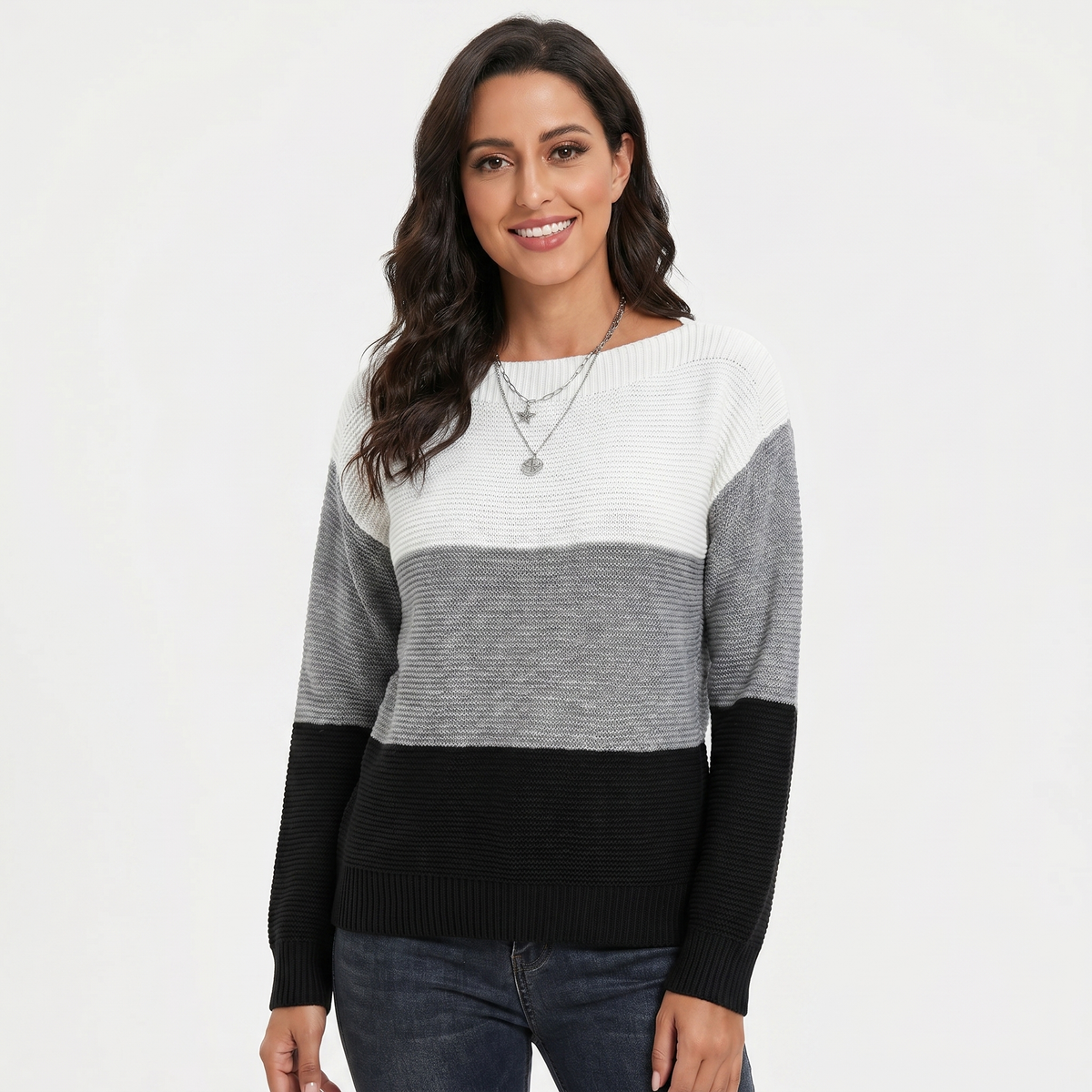 Women's Color Block Knit Sweater Boat Neck Long Sleeve Relaxed Fit Pullover