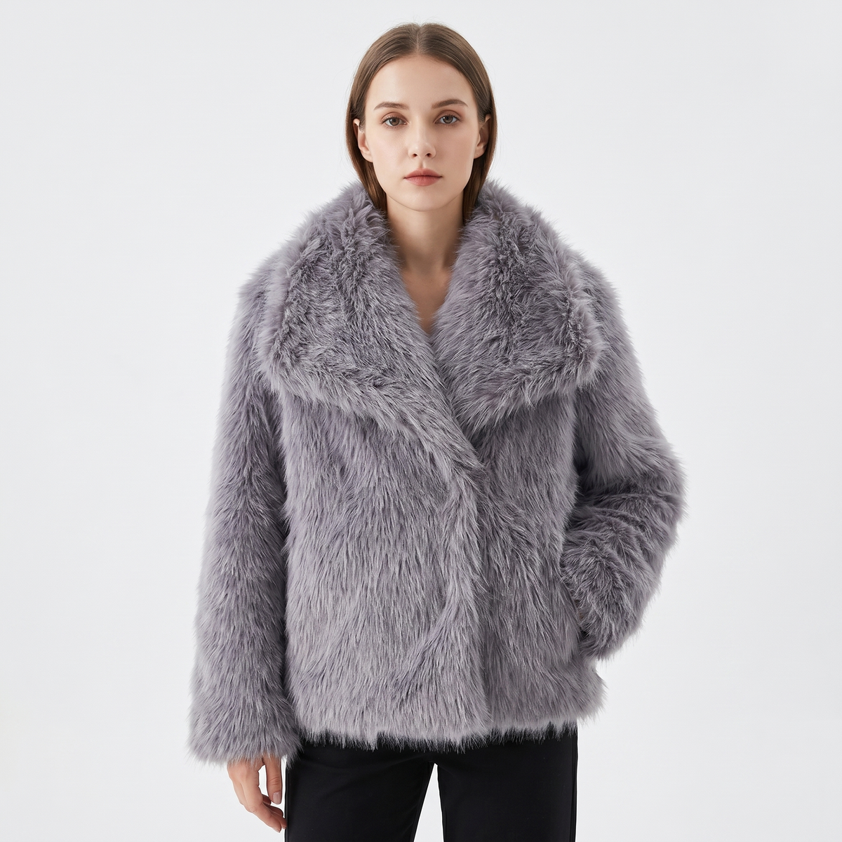 Women's Faux-Fur Short Coat Oversized Collar Cropped Fluffy Jacket Winter