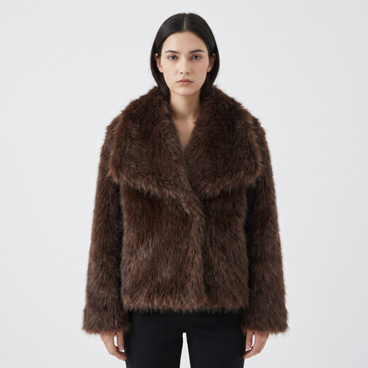 Women's Faux-Fur Short Coat Oversized Collar Cropped Fluffy Jacket Winter