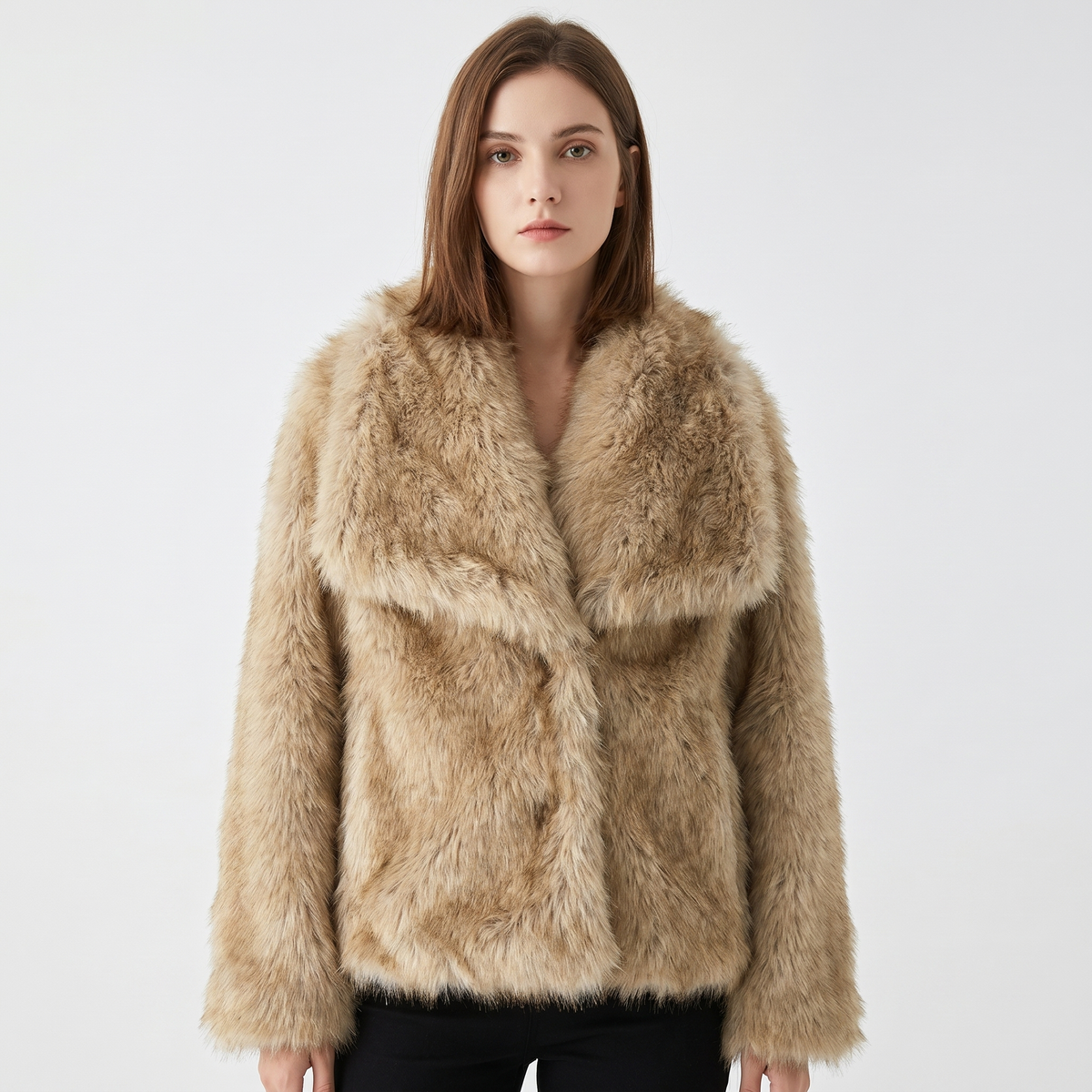 Women's Faux-Fur Short Coat Oversized Collar Cropped Fluffy Jacket Winter