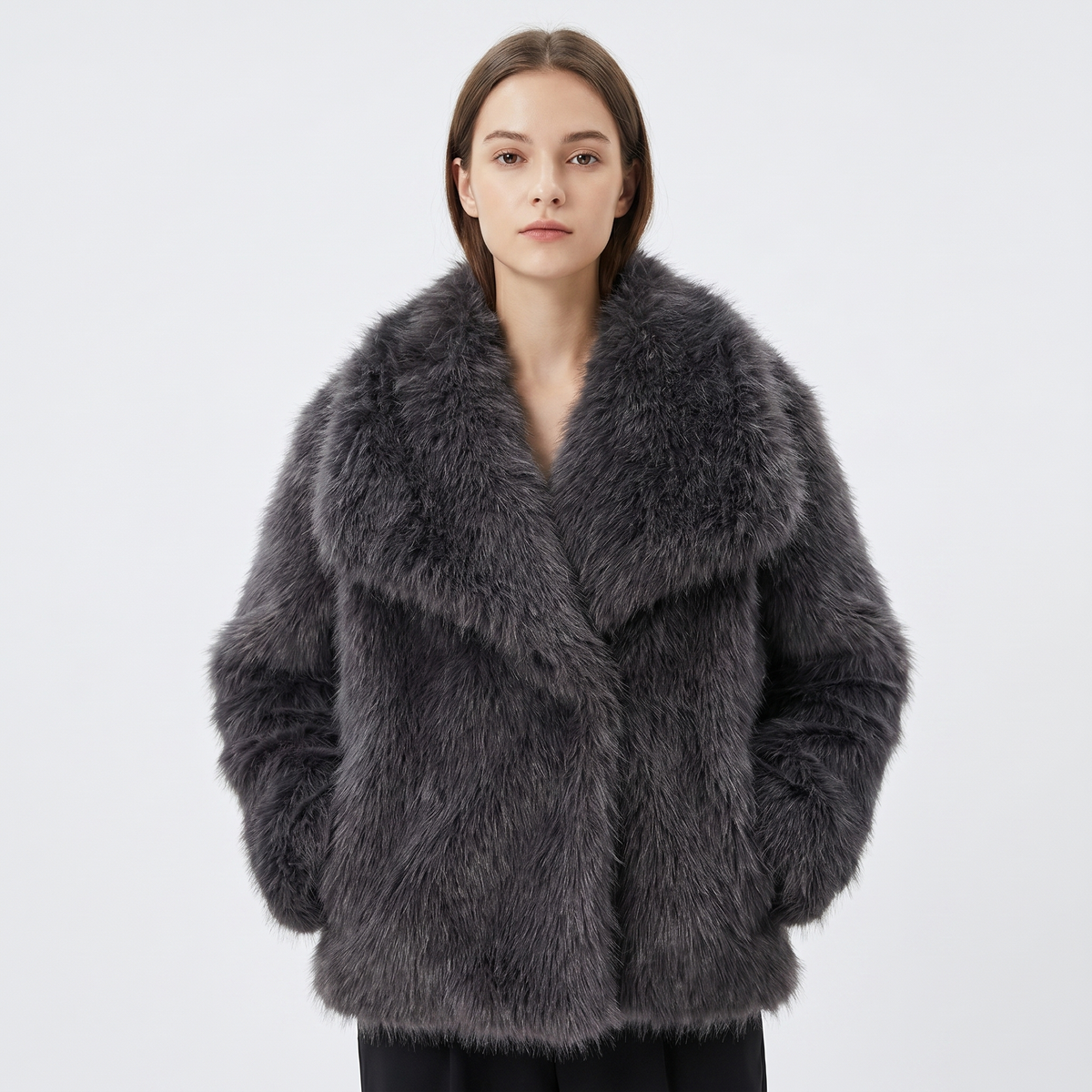 Women's Faux-Fur Short Coat Oversized Collar Cropped Fluffy Jacket Winter