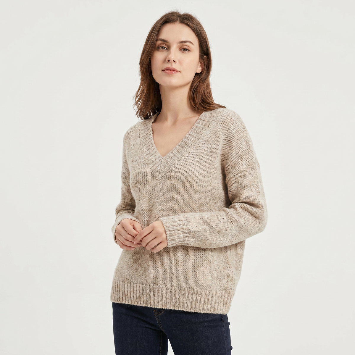 Women's V Neck Oversized Knit Sweater Longline Relaxed Fit Soft Wool Blend Pullover