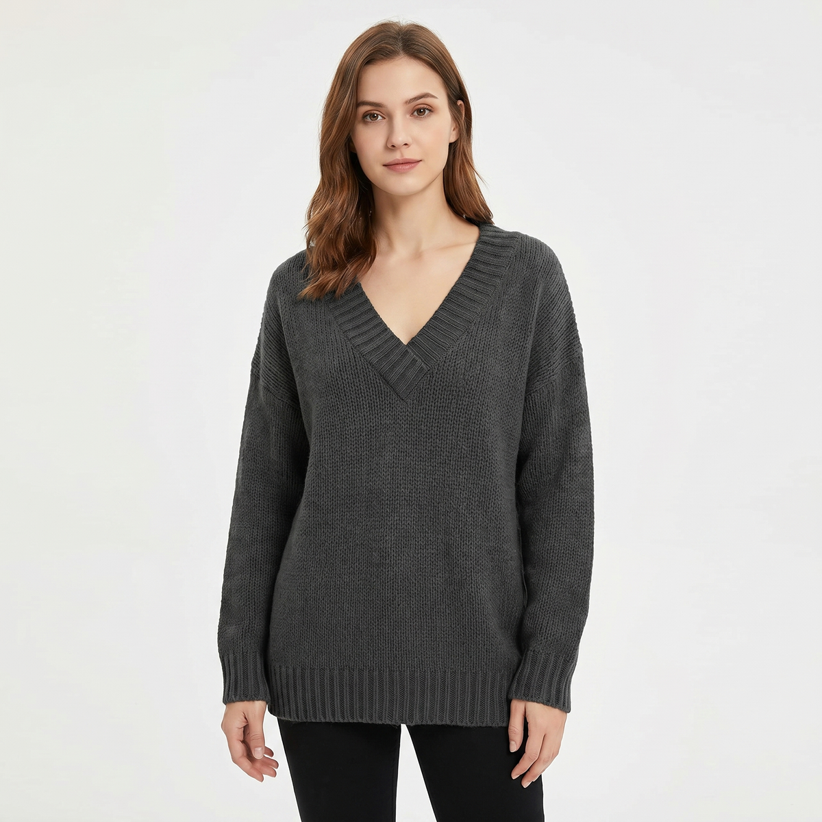Women's V Neck Oversized Knit Sweater Longline Relaxed Fit Soft Wool Blend Pullover