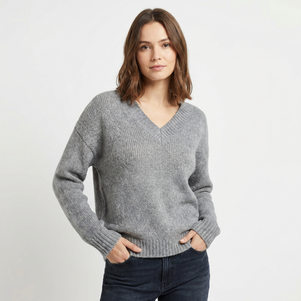 Women's V Neck Oversized Knit Sweater Longline Relaxed Fit Soft Wool Blend Pullover
