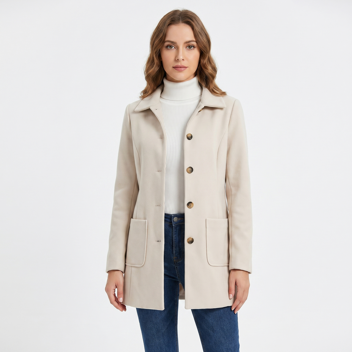 Women's Wool Blend Coat Single Breasted Notch Collar Mid Length Winter Jacket