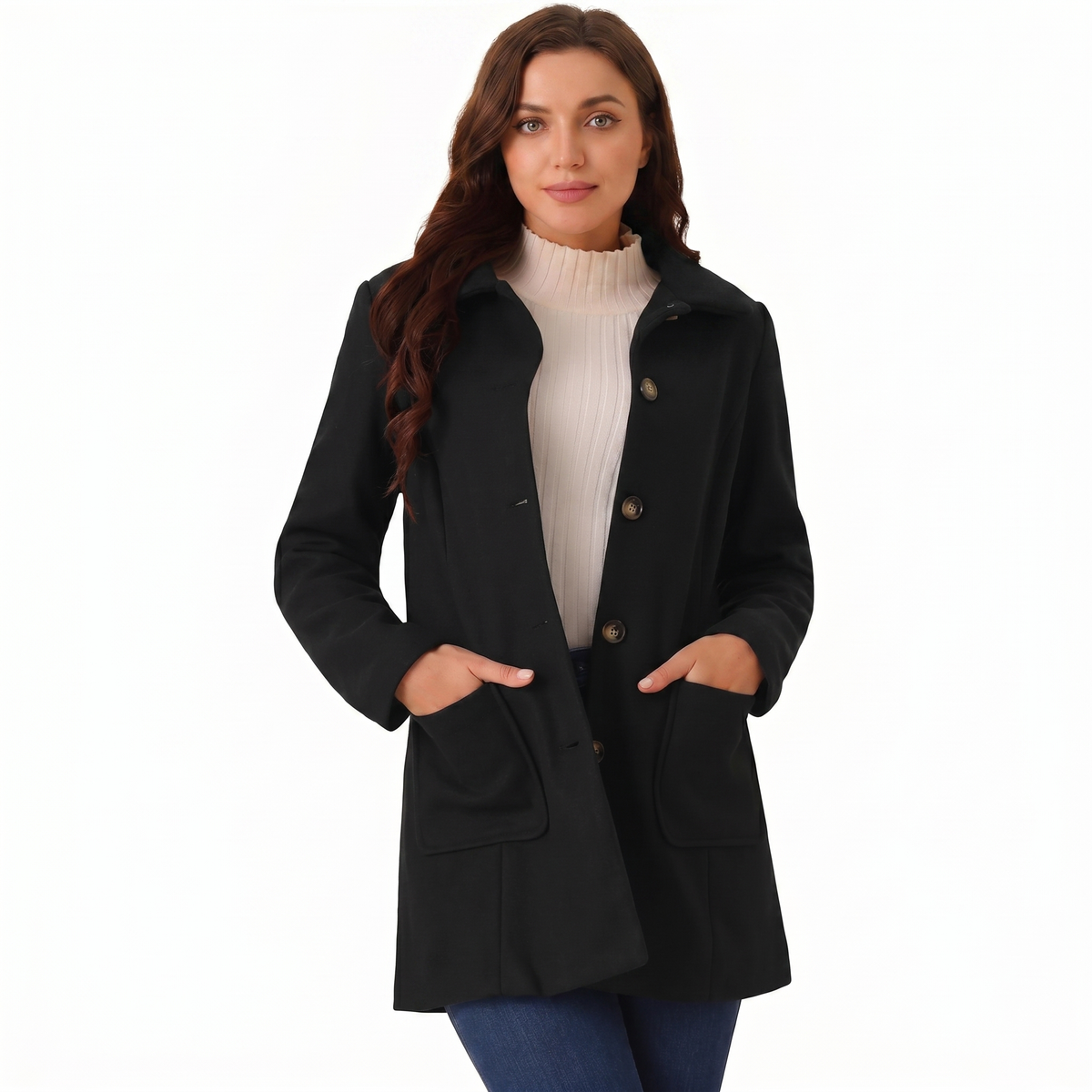 Women's Wool Blend Coat Single Breasted Notch Collar Mid Length Winter Jacket
