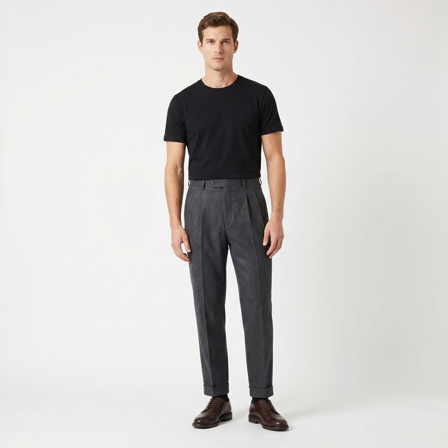 Men's Pleated Wool Blend Pants Tapered Leg Cuffed Hem Smart Casual Dress Pants