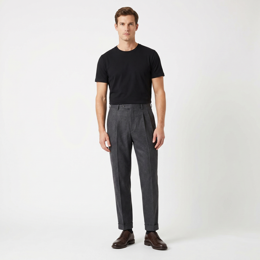 Men's Pleated Wool Blend Pants Tapered Leg Cuffed Hem Smart Casual Dress Pants