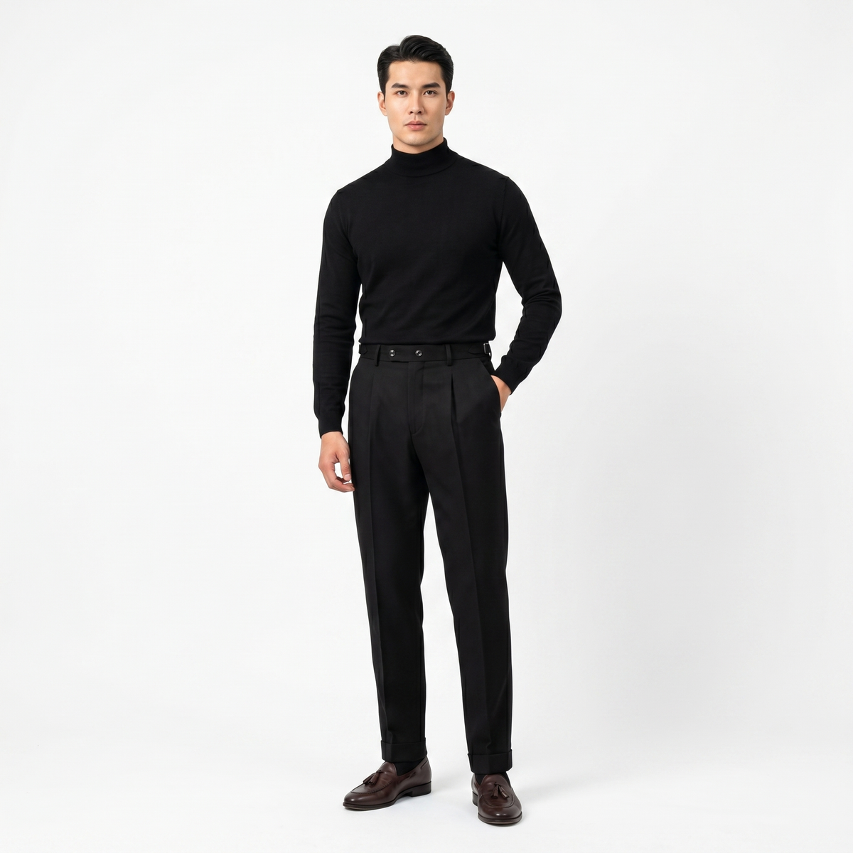 Men's Pleated Wool Blend Pants Tapered Leg Cuffed Hem Smart Casual Dress Pants