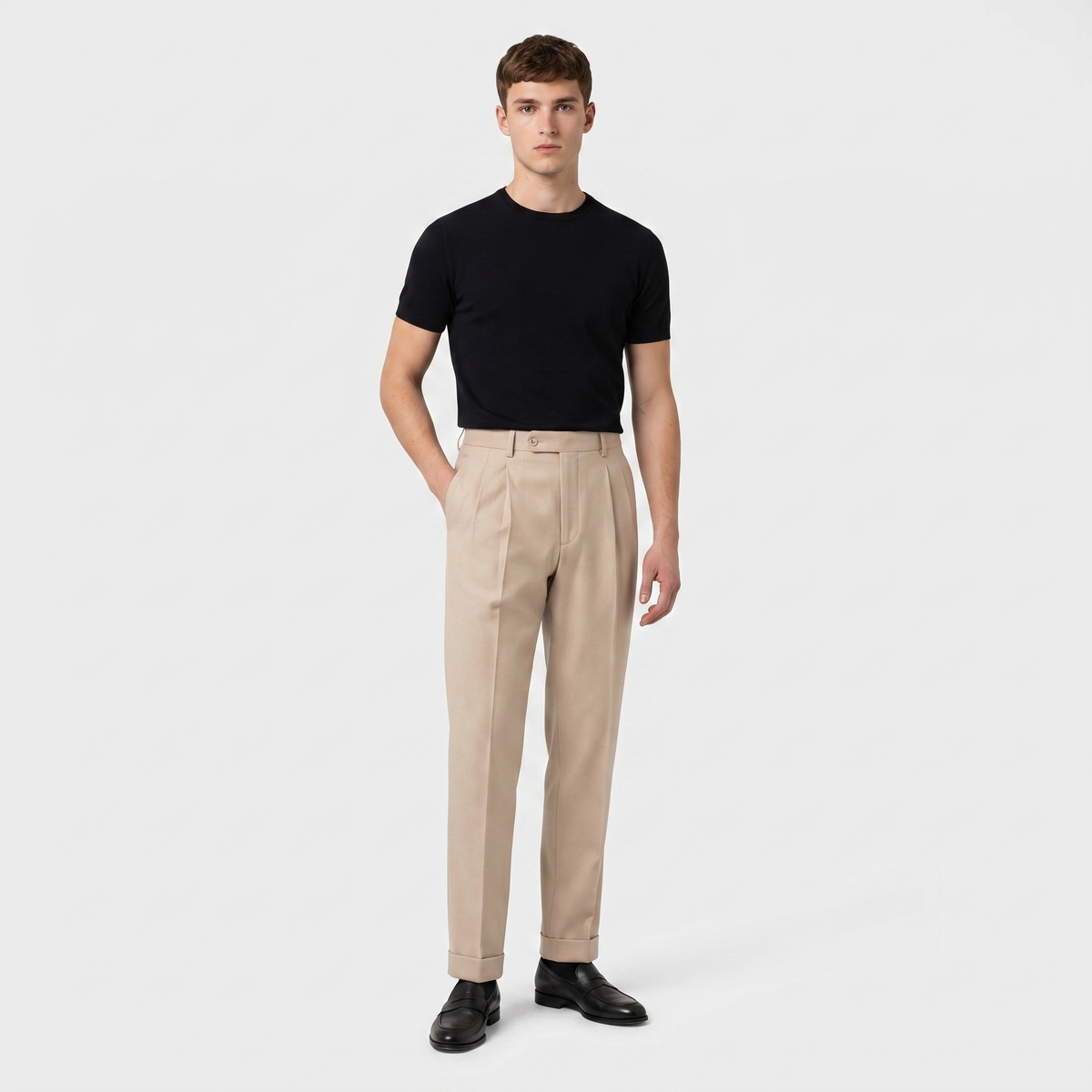 Men's Pleated Wool Blend Pants Tapered Leg Cuffed Hem Smart Casual Dress Pants