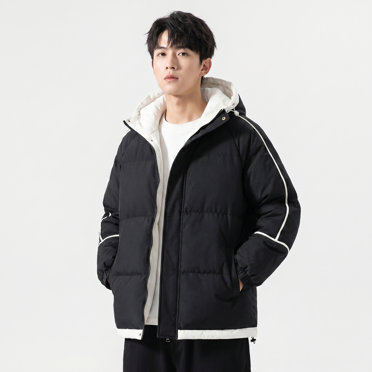 Men's Hooded Puffer Jacket Contrast Trim Quilted Winter Coat Oversized Fit