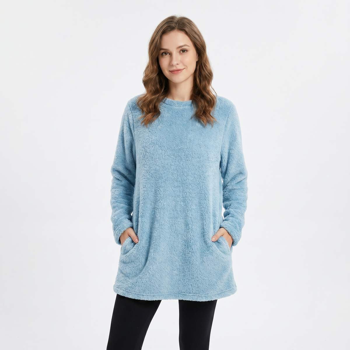 Women's Fluffy Fleece Tunic Top Oversized Crew Neck Sherpa Lounge Pullover