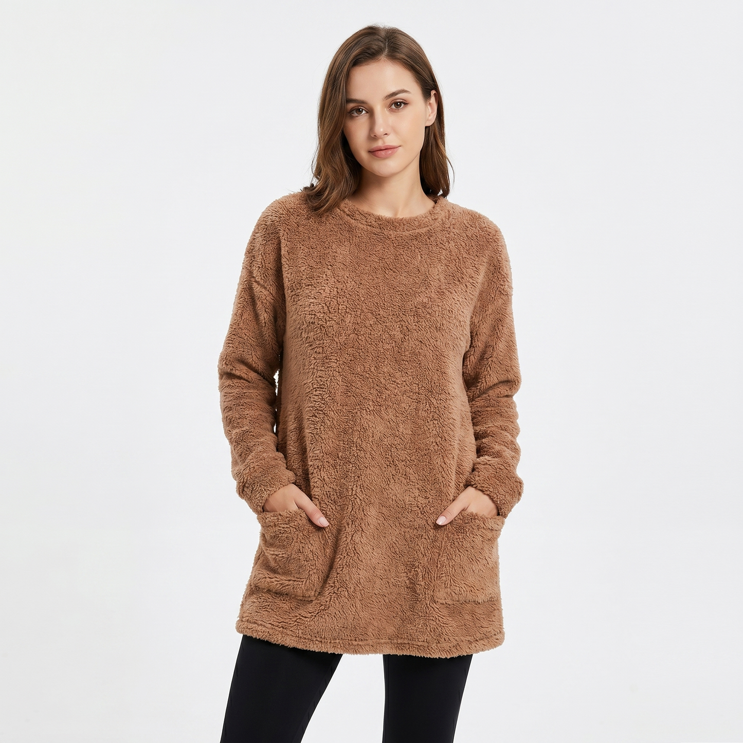 Women's Fluffy Fleece Tunic Top Oversized Crew Neck Sherpa Lounge Pullover