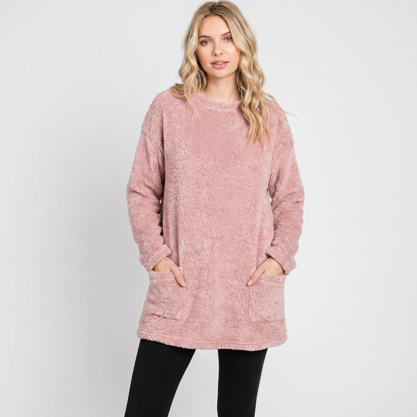 Women's Fluffy Fleece Tunic Top Oversized Crew Neck Sherpa Lounge Pullover