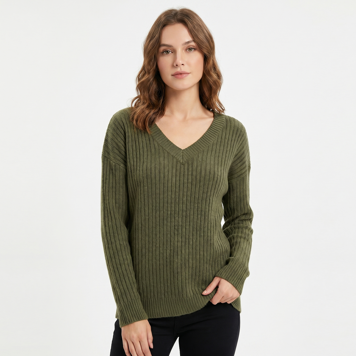 Women's Ribbed V-Neck Sweater Long Sleeve Soft Knit Pullover Casual Jumper