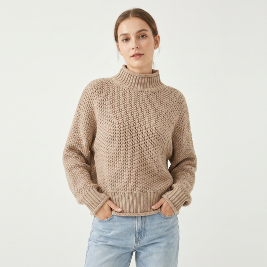 Women's Chunky Knit Mock Neck Sweater Oversized Waffle Stitch Pullover Sweater