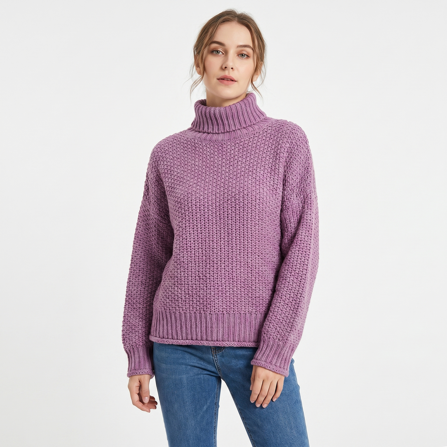 Women's Chunky Knit Mock Neck Sweater Oversized Waffle Stitch Pullover Sweater