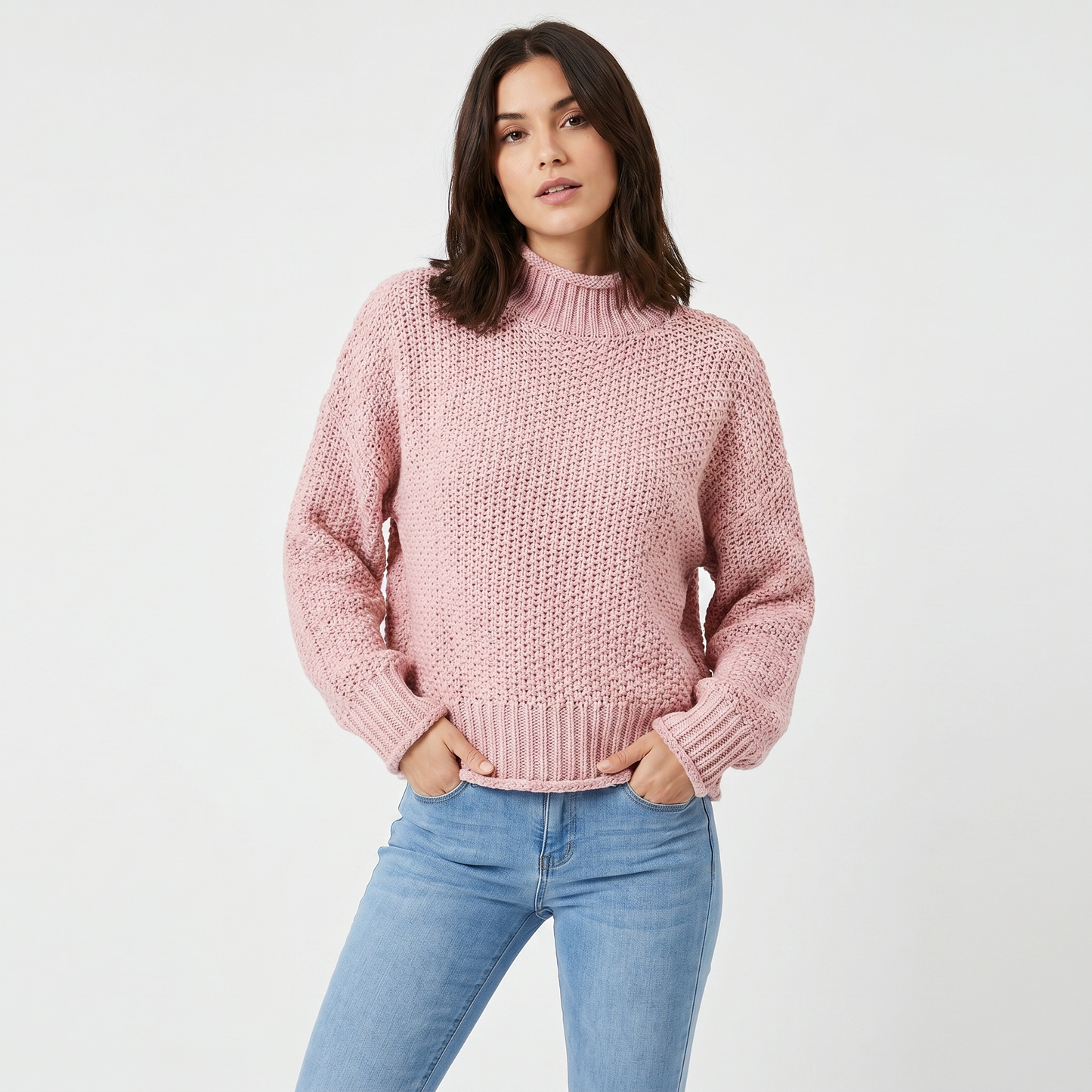 Women's Chunky Knit Mock Neck Sweater Oversized Waffle Stitch Pullover Sweater