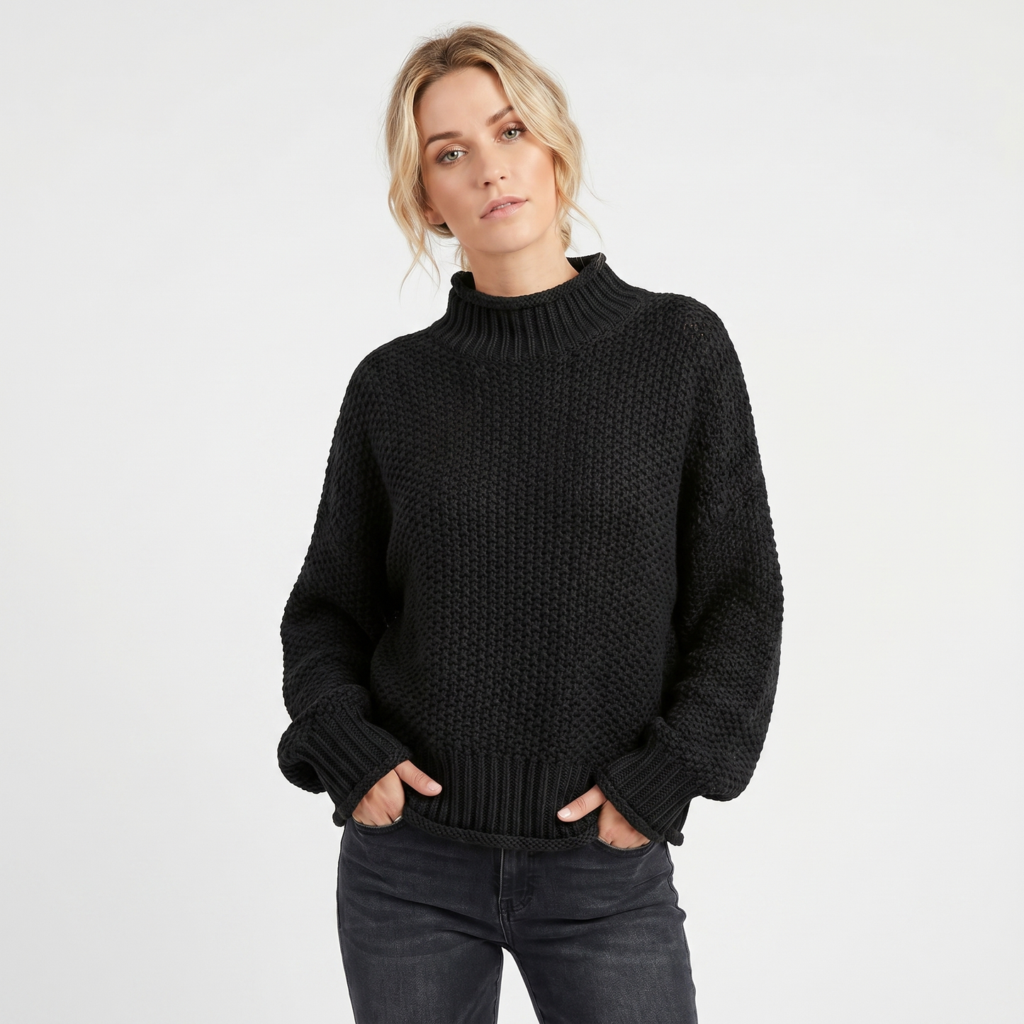 Women's Chunky Knit Mock Neck Sweater Oversized Waffle Stitch Pullover Sweater