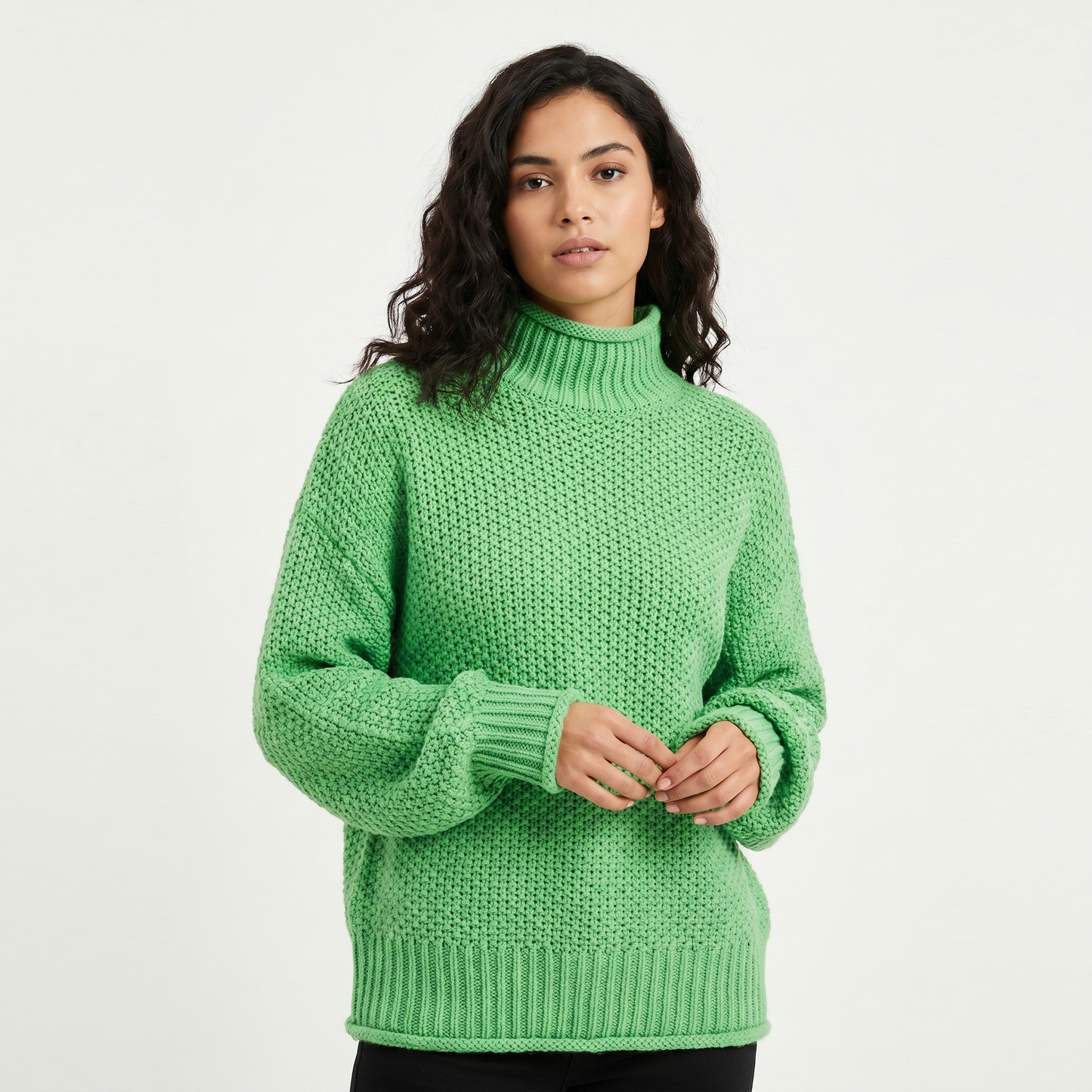 Women's Chunky Knit Mock Neck Sweater Oversized Waffle Stitch Pullover Sweater