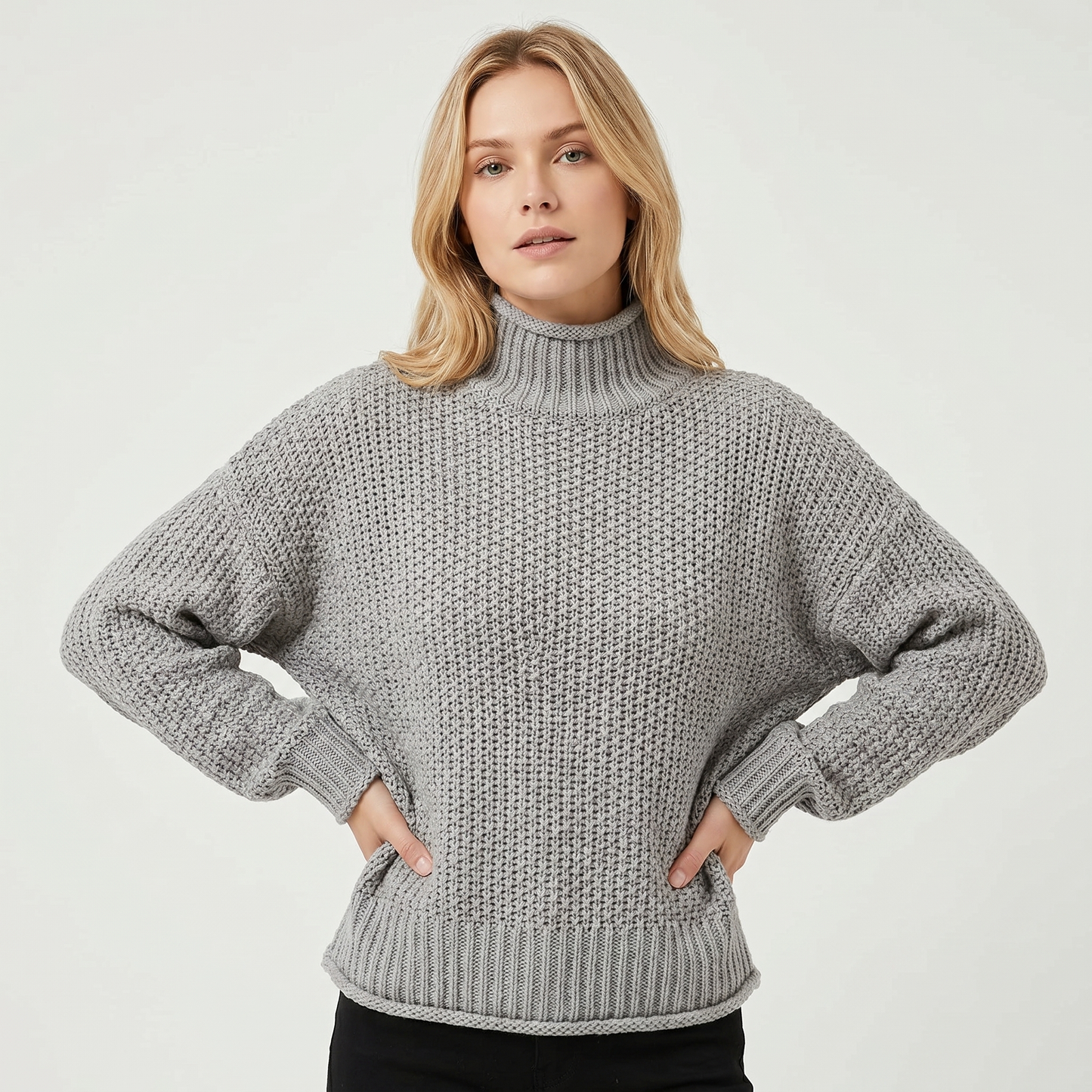 Women's Chunky Knit Mock Neck Sweater Oversized Waffle Stitch Pullover Sweater