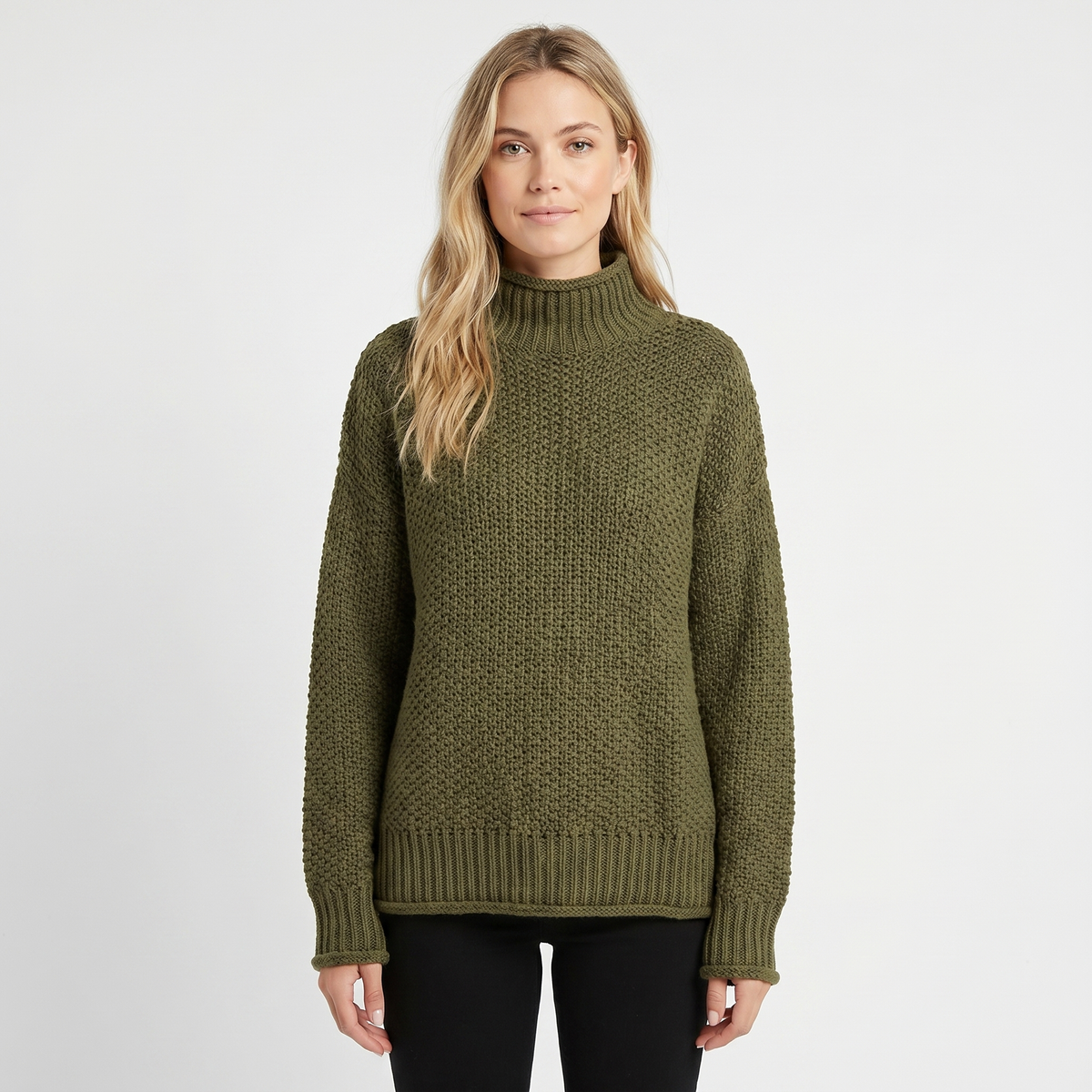 Women's Chunky Knit Mock Neck Sweater Oversized Waffle Stitch Pullover Sweater