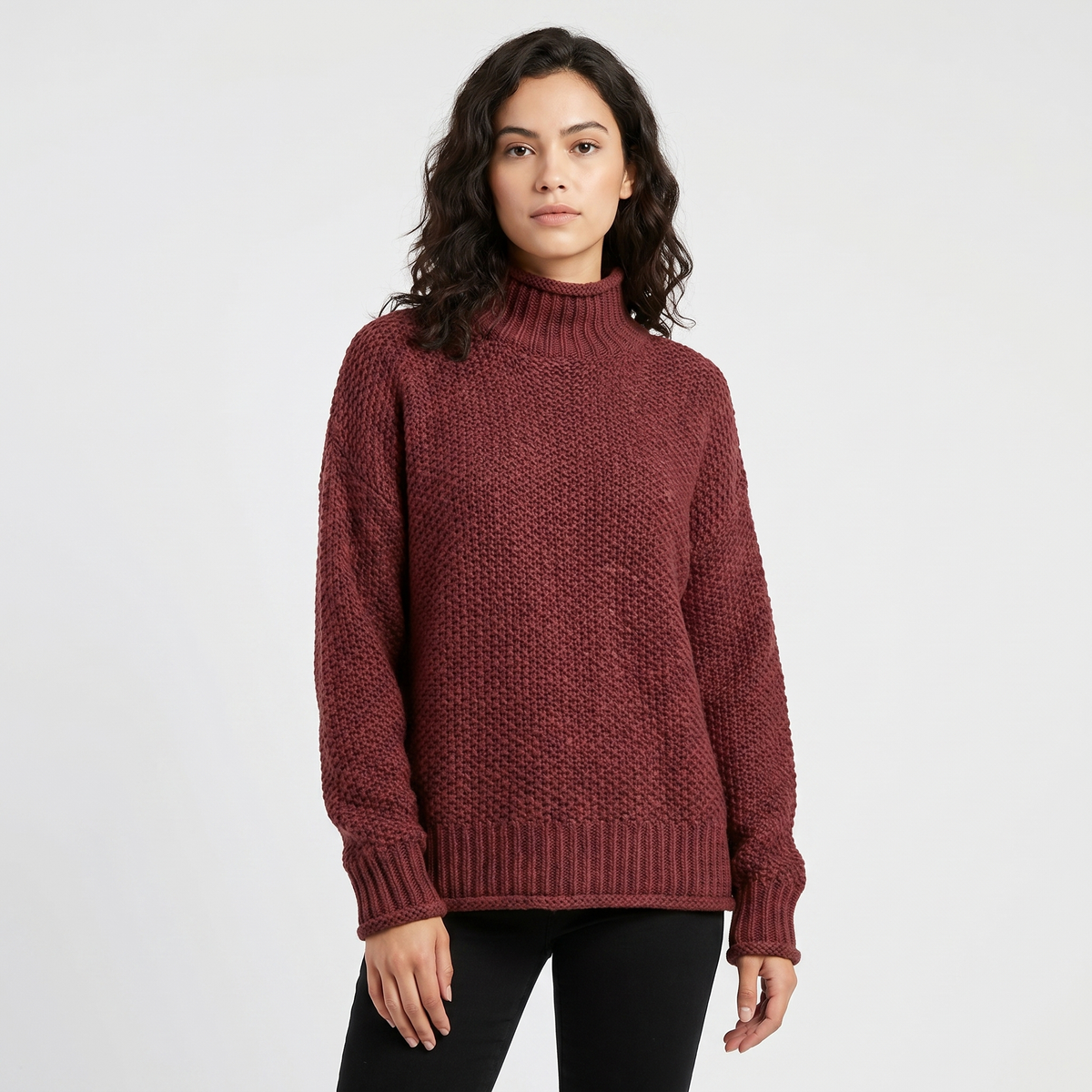 Women's Chunky Knit Mock Neck Sweater Oversized Waffle Stitch Pullover Sweater
